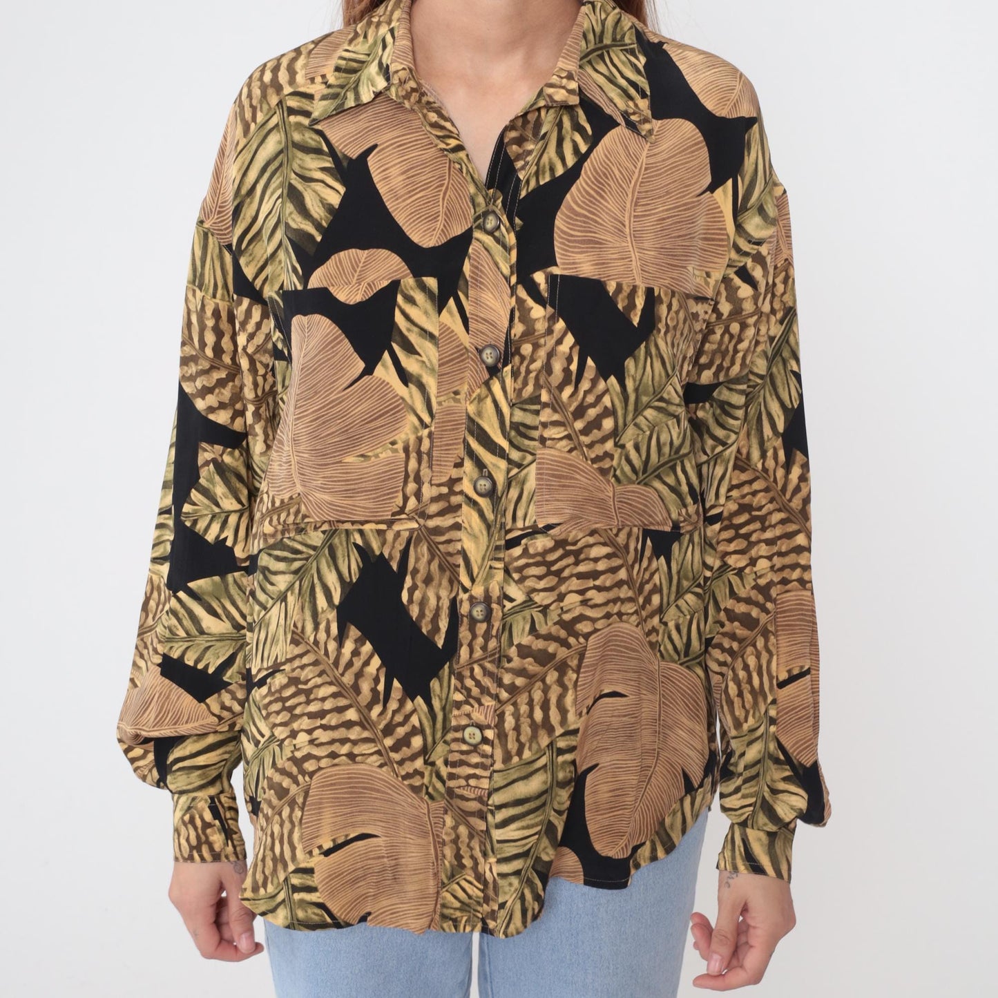 90s Liz Claiborne Silk Blouse Tropical Leaf Print Black Brown Gold Medium