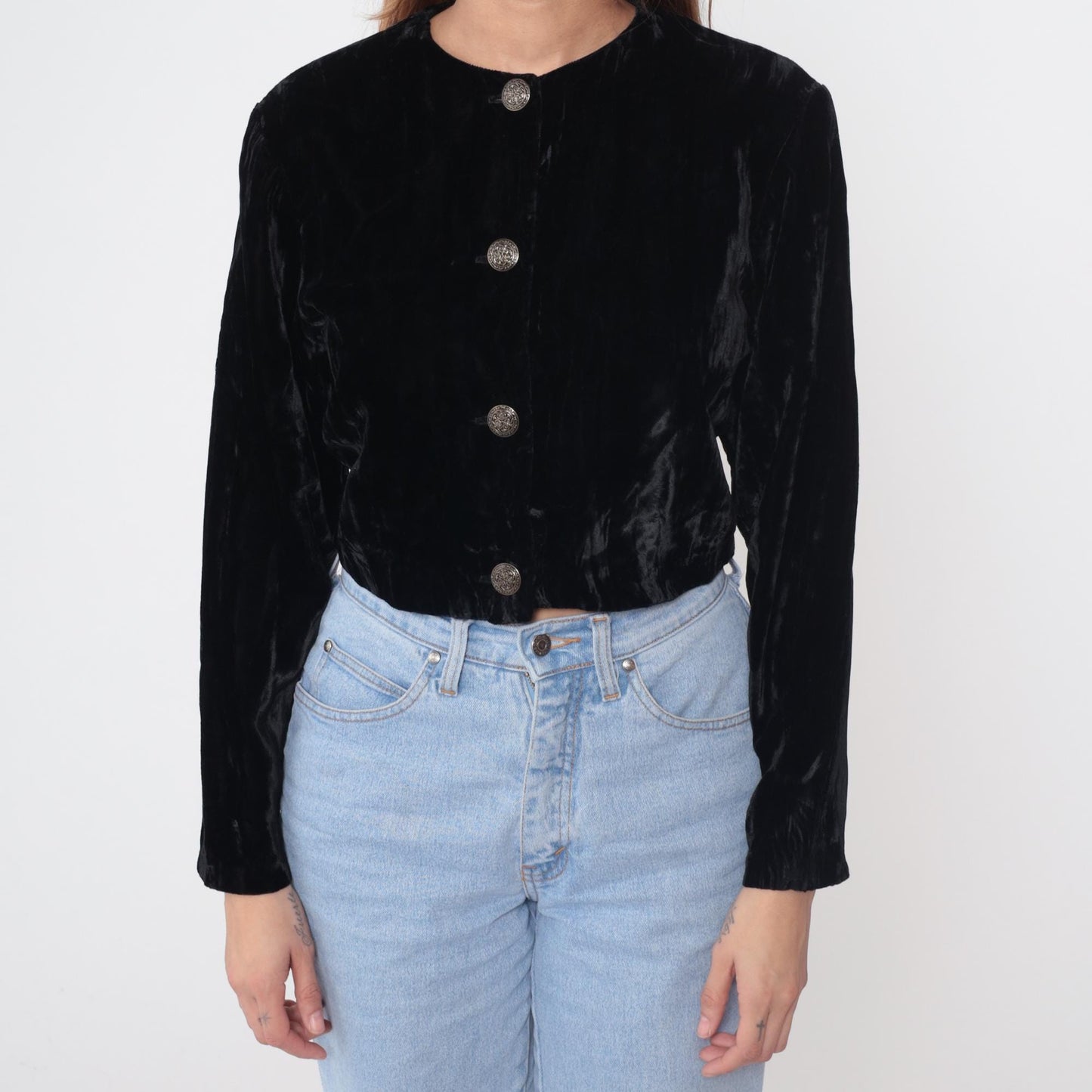 90s Black Velvet Cropped Jacket Button Front Round Neck Small S