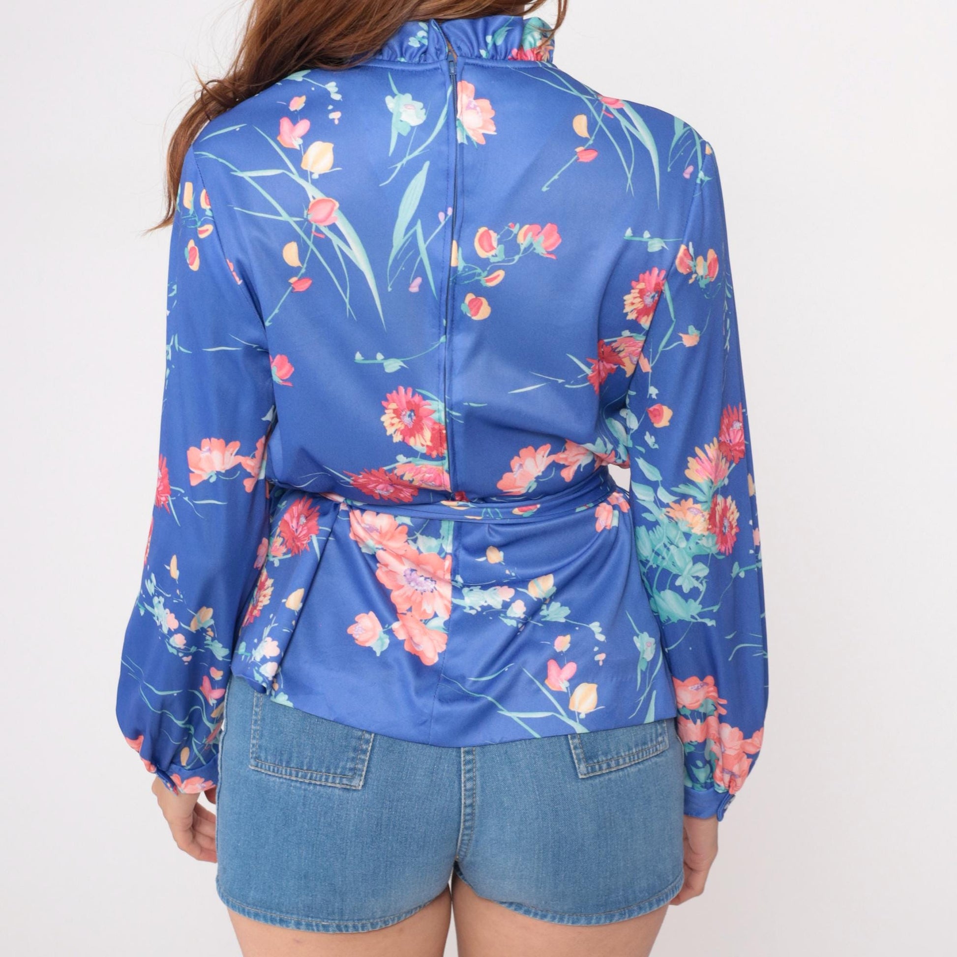 70s Blue Floral Blouse Ruffle Neck Tie Closure Long Sleeve Belted Medium