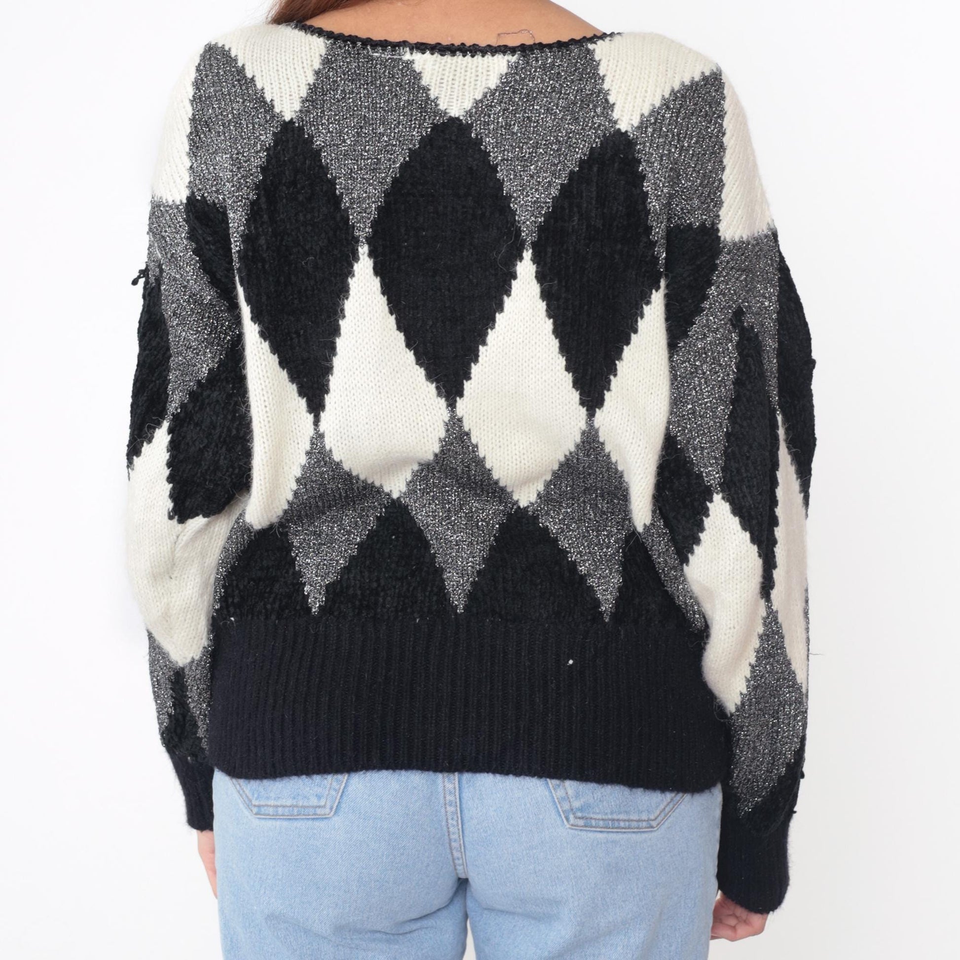80s Liz Claiborne Diamond Harlequin Sweater Black White Metallic Medium