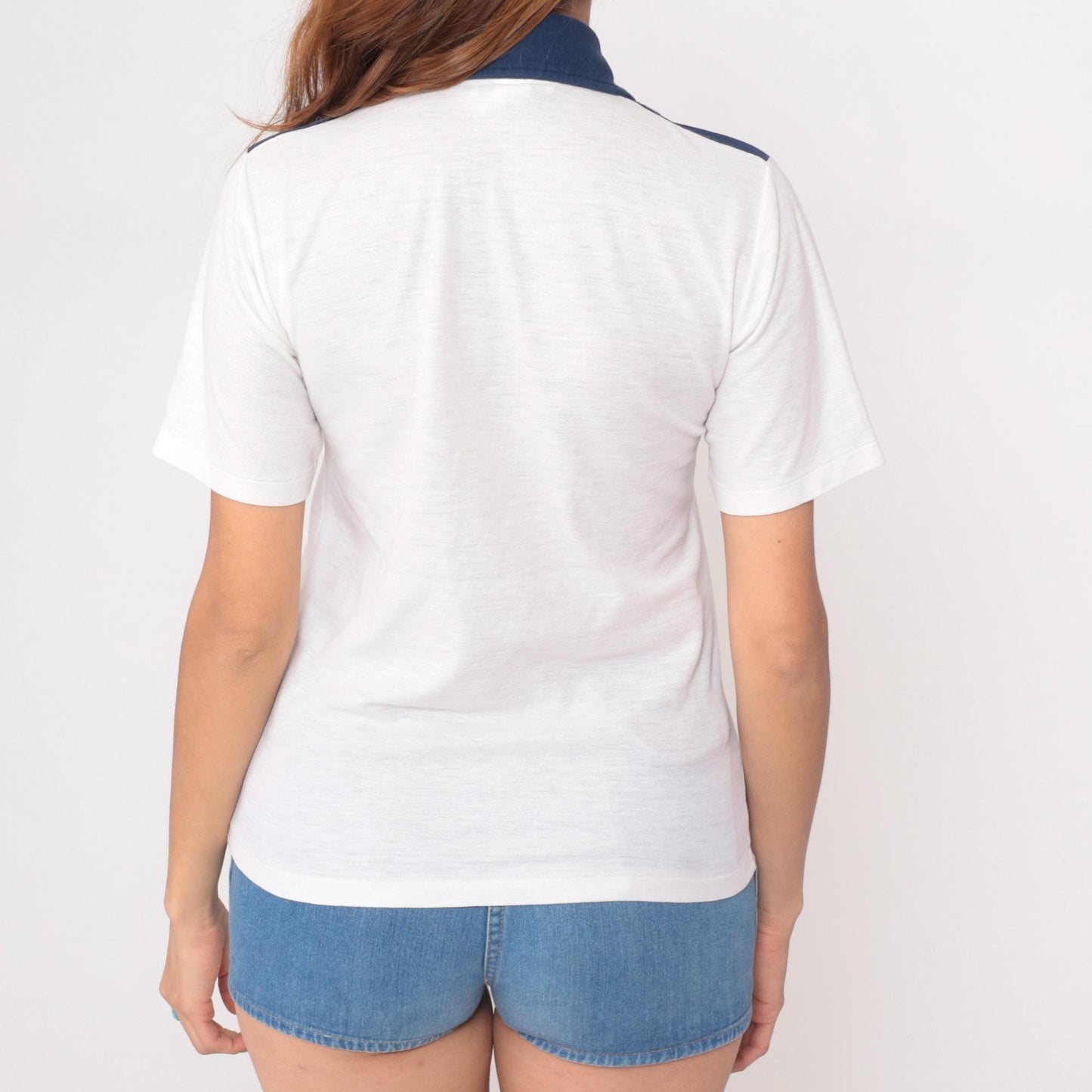 70s Macy's Pro Shop Polo Shirt White Navy Collar Stripes Medium M