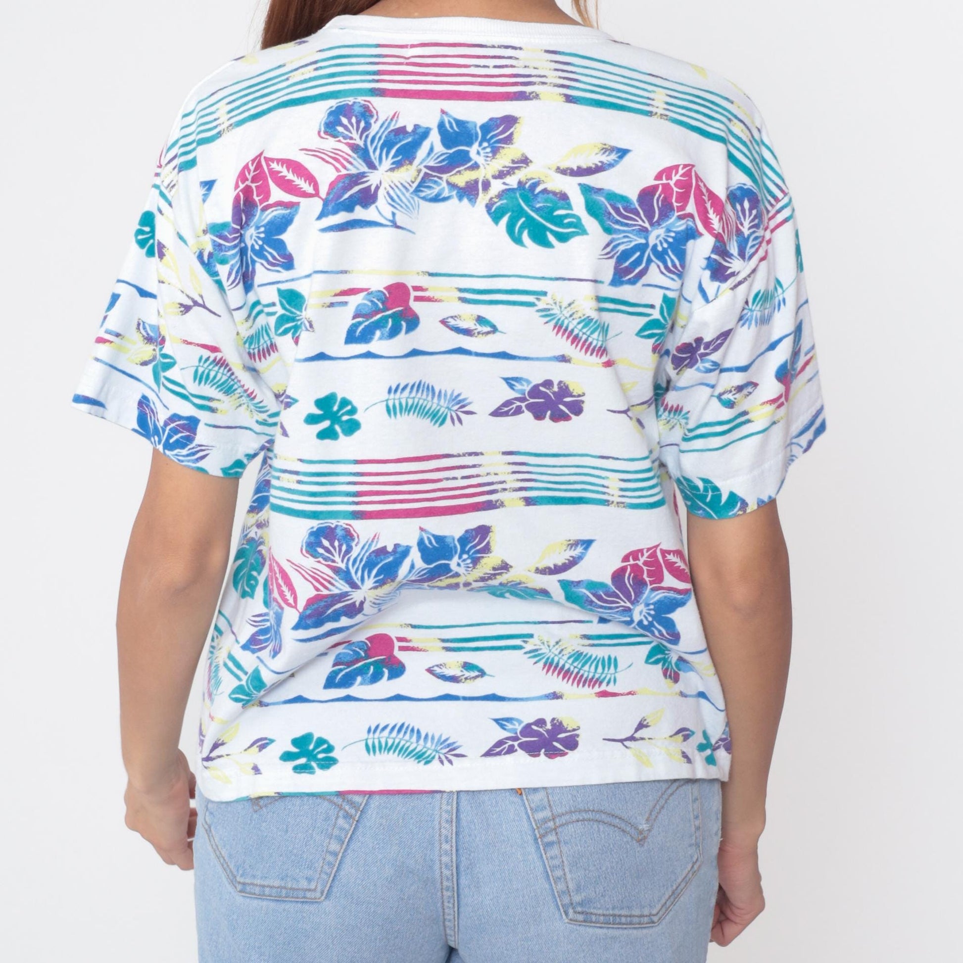 90s Victoria Jones Tropical Floral Striped Cotton Tee White Medium M