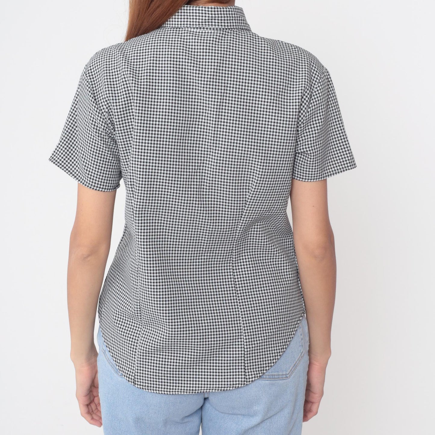 90s Black White Gingham Button-Up Shirt Short Sleeve Collared Blouse Large
