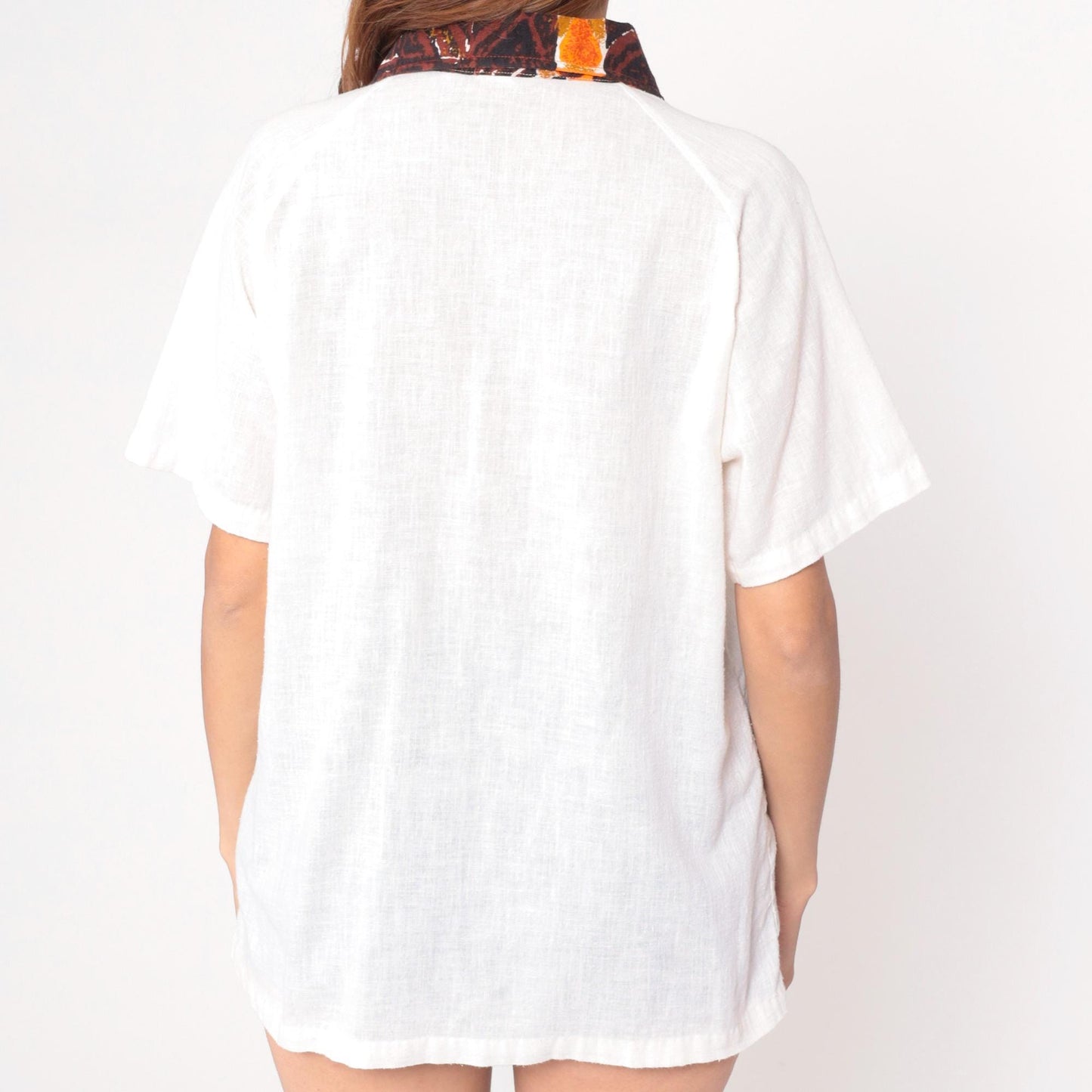 70s Kimolo Fashions Hawaiian Shirt Cream Cotton V-Neck Batik Collar Large