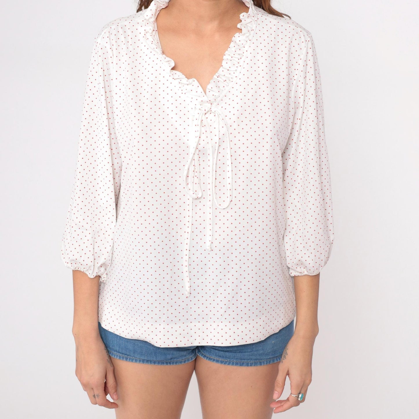 70s White Red Polka Dot Blouse Tie Front Puff Sleeve Large L