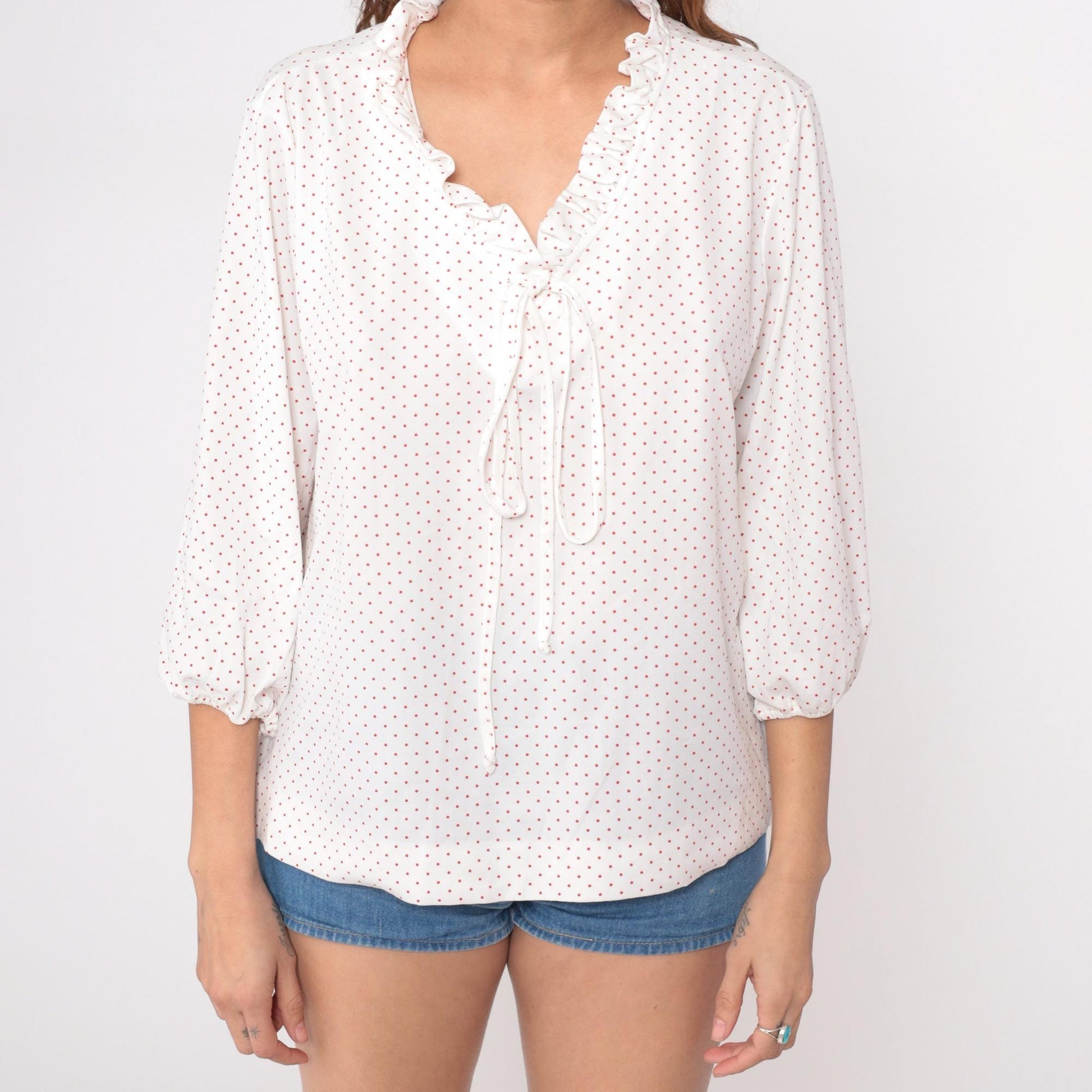 70s White Red Polka Dot Blouse Tie Front Puff Sleeve Large L