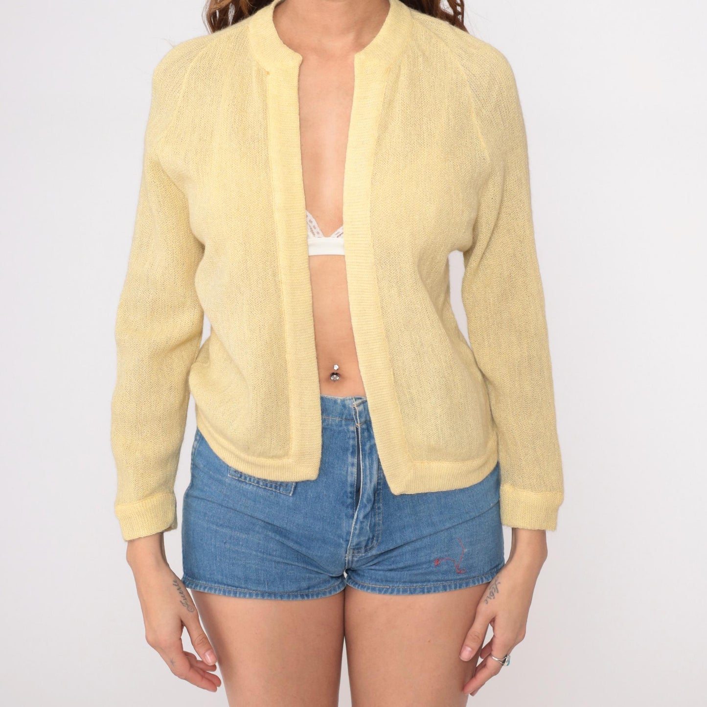 70s Wool Cardigan Pale Yellow Ribbed Knit Open Front Small S