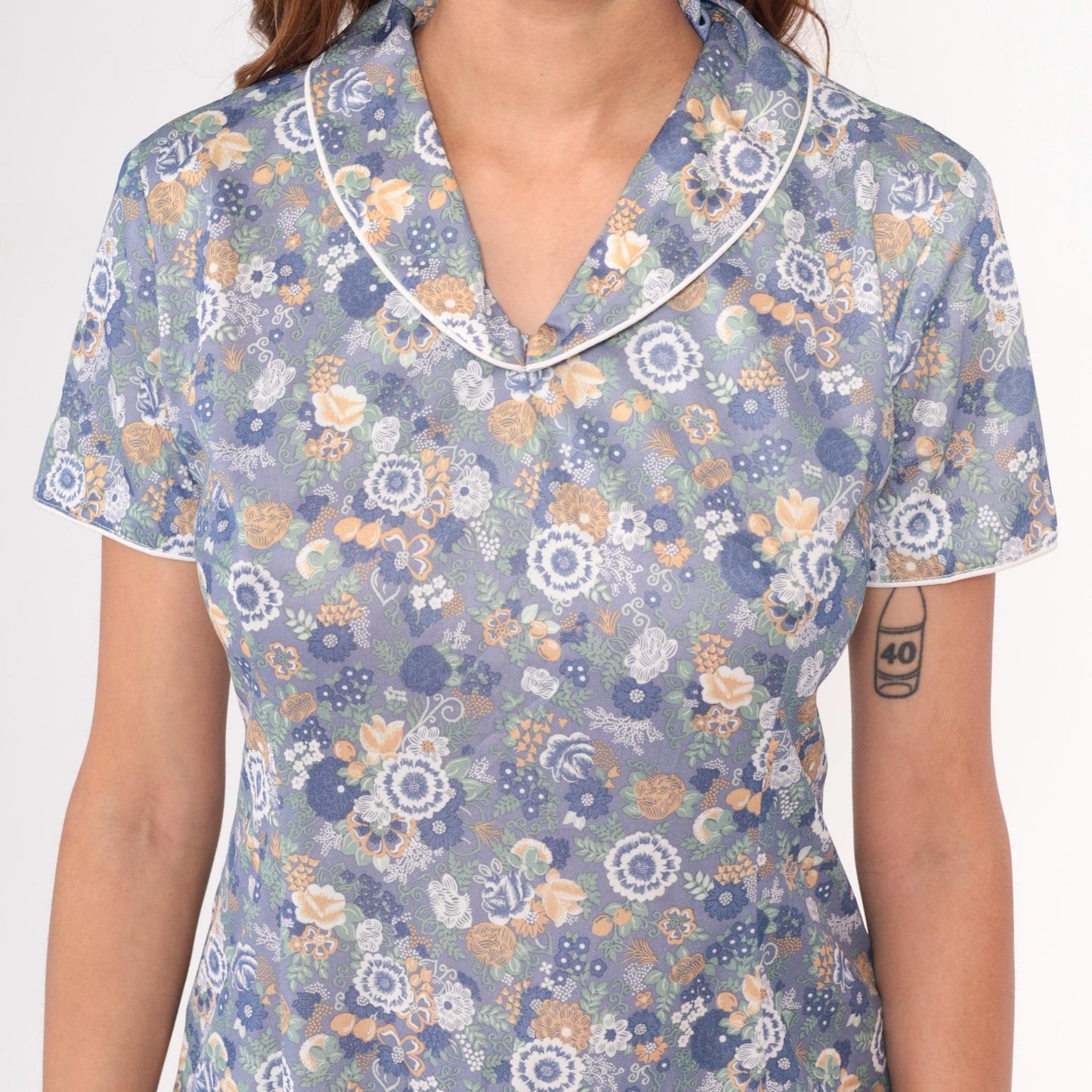 70s Floral Day Dress Blue Knee-Length Button Front Collared Botanical Print Medium