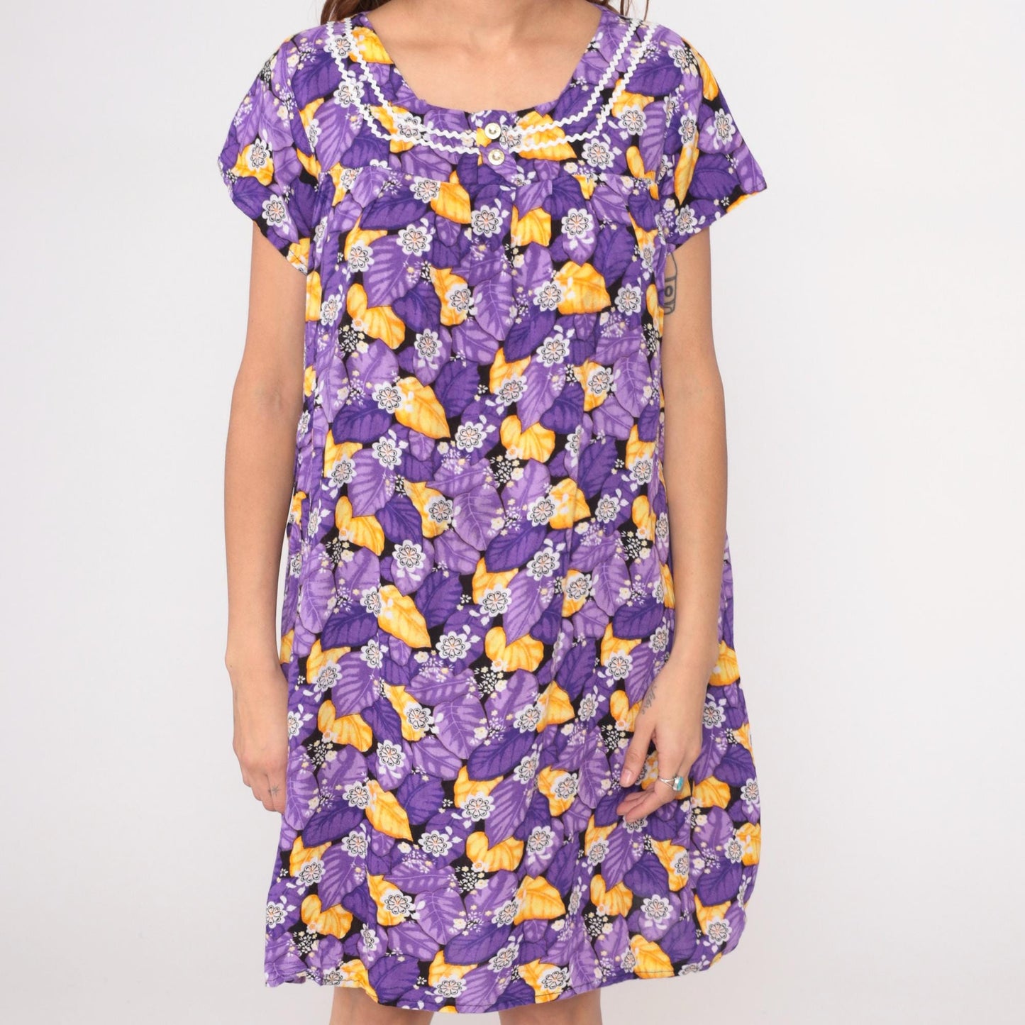 80s Purple Floral Rayon Shift Dress Rickrack Trim Yellow Flowers Large