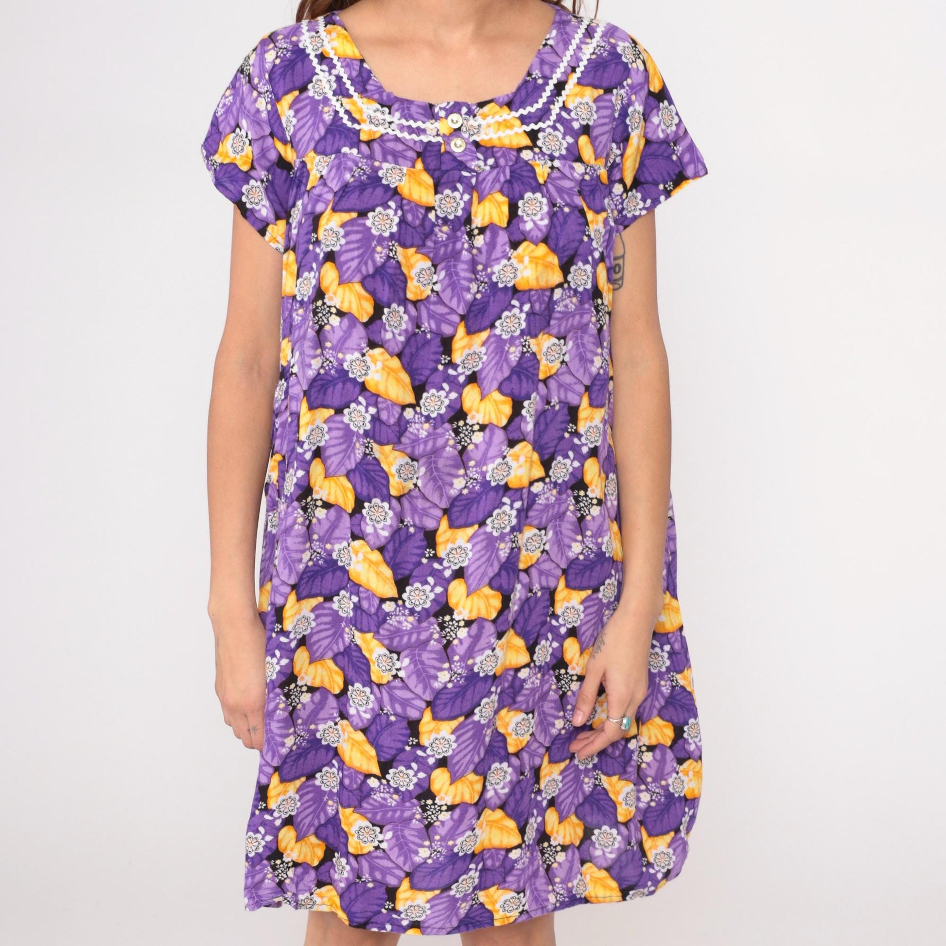 80s Purple Floral Rayon Shift Dress Rickrack Trim Yellow Flowers Large