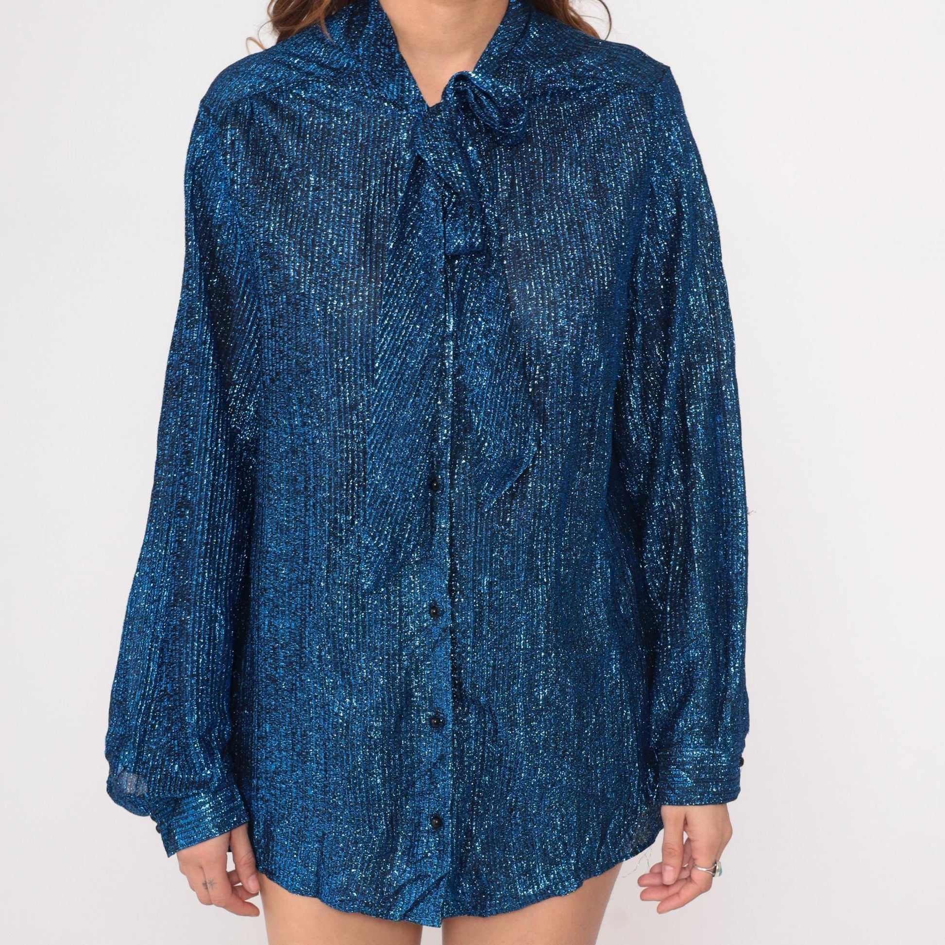 70s Metallic Blue Disco Shirt Long Sleeve Button Front Large L