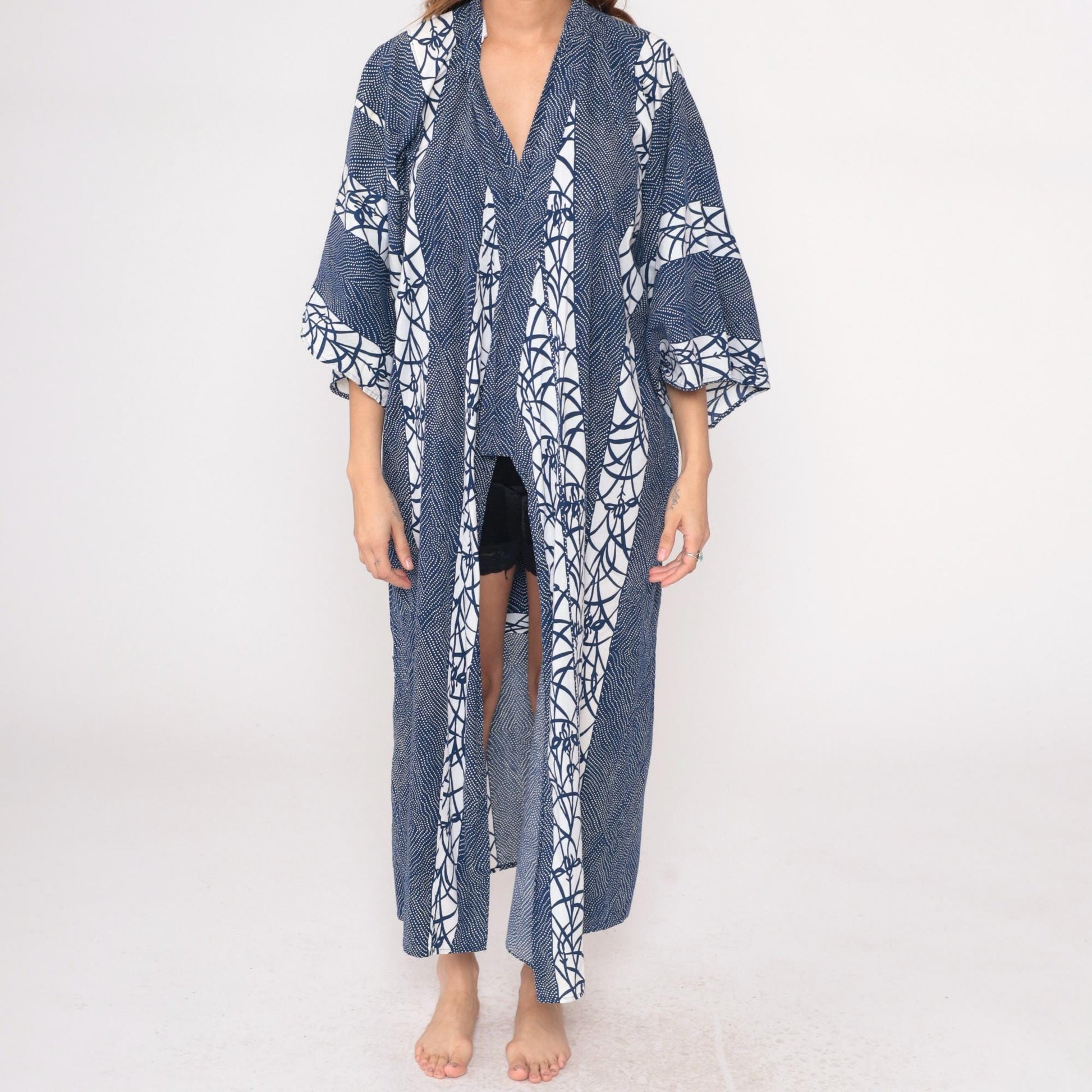 70s Navy Blue White Geometric Kimono Robe Maxi Cotton Wrap Large L