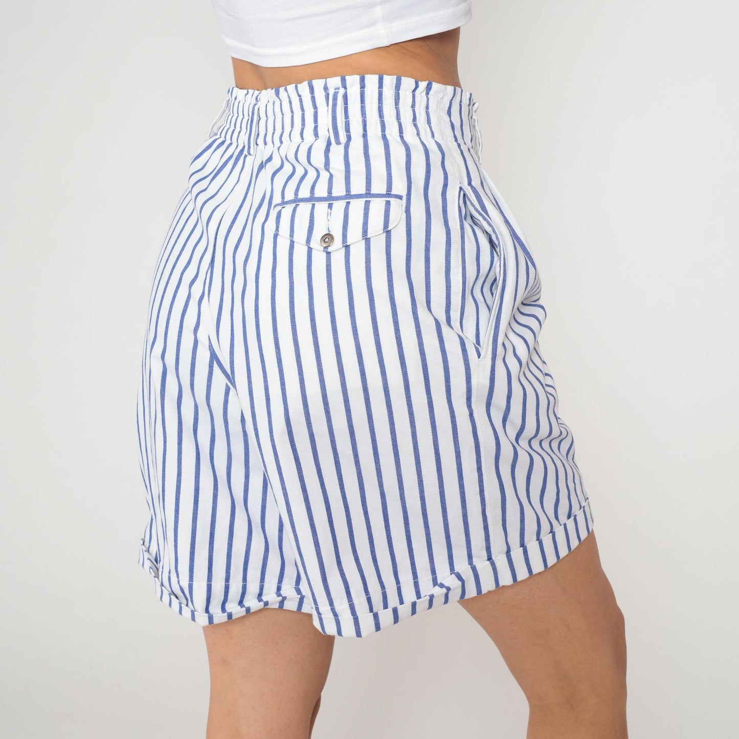 90s Liz Sport High-Waisted Striped Shorts Blue White Cotton Small