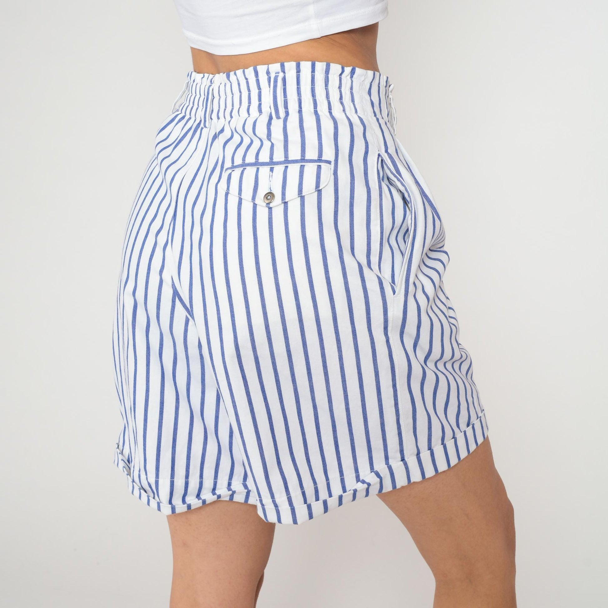 90s Liz Sport High-Waisted Striped Shorts Blue White Cotton Small