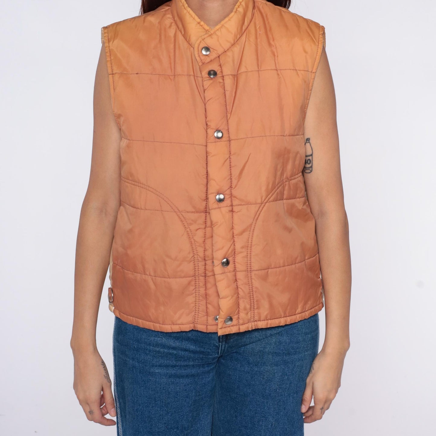 70s Sears Quilted Puffer Vest Peach Nylon Snap Closure Medium M