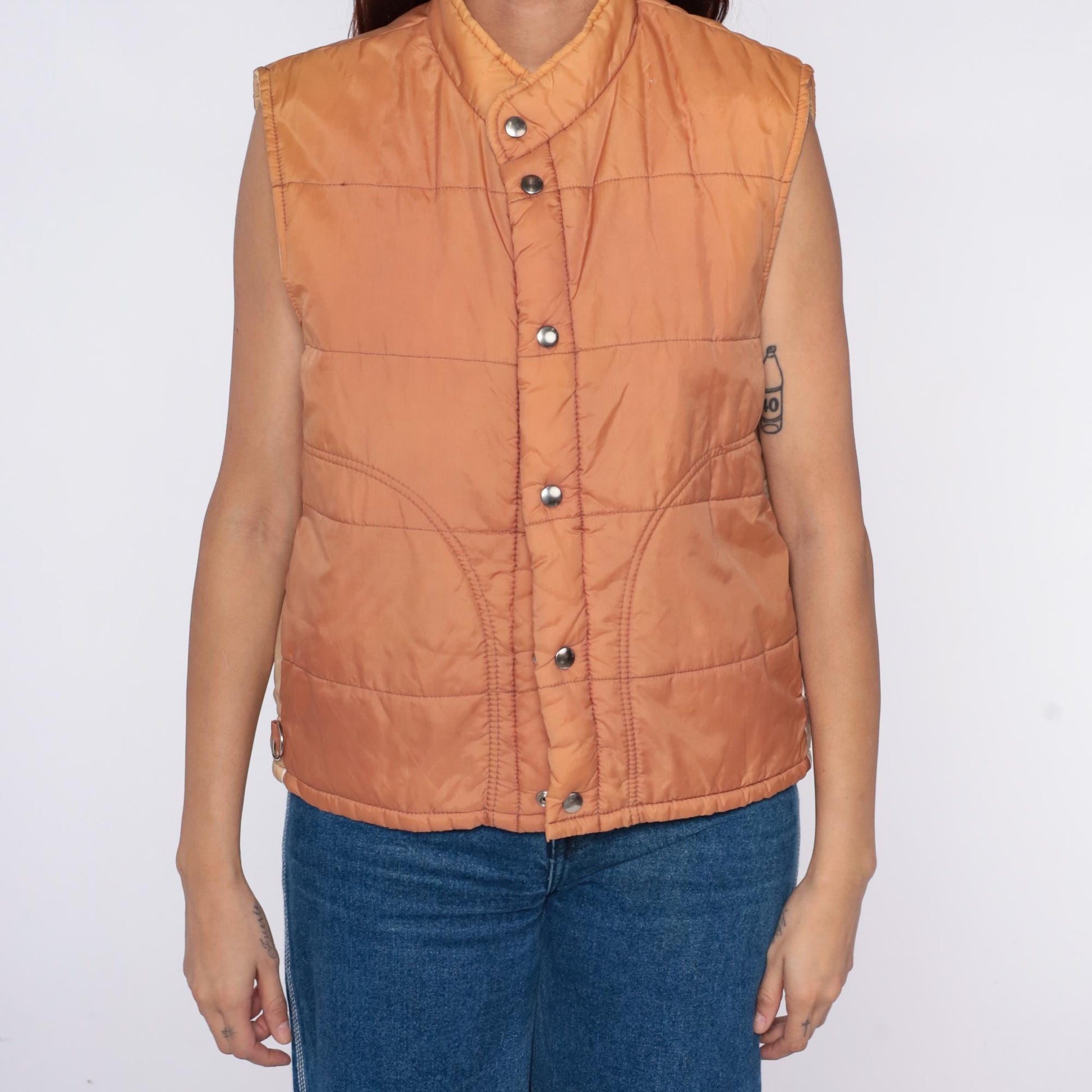 70s Sears Quilted Puffer Vest Peach Nylon Snap Closure Medium M