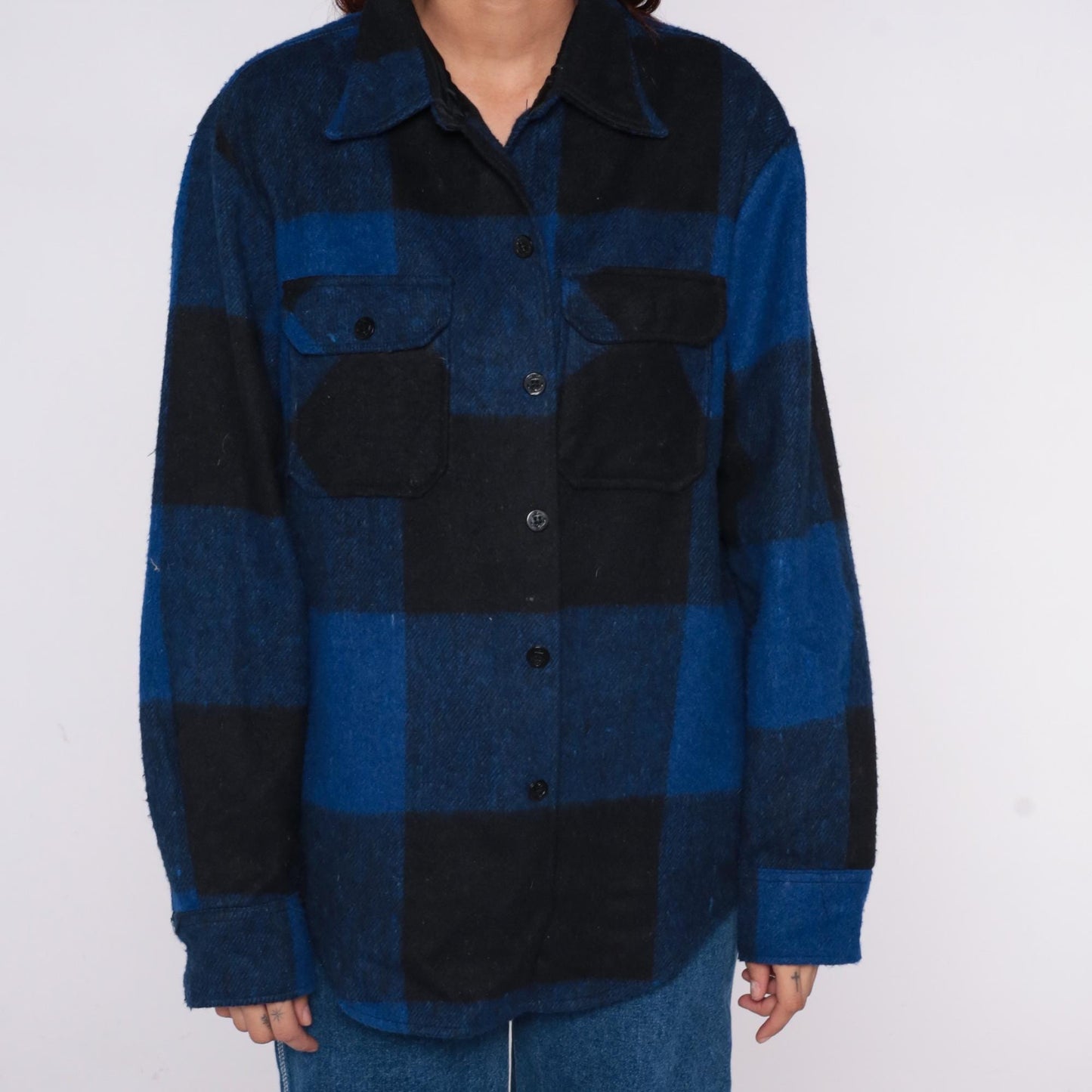 70s Bronzini Buffalo Plaid Flannel Shirt Wool Blend Blue Black Large