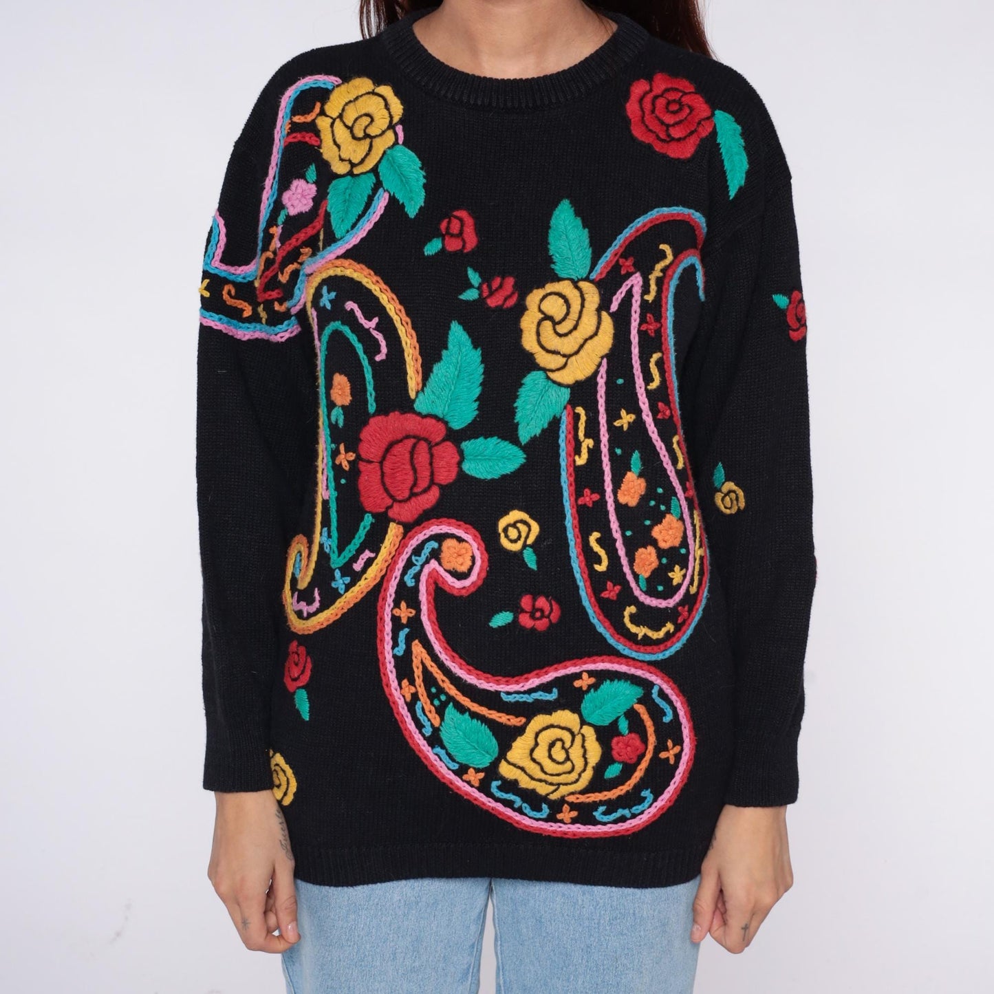 90s Western Connection Black Embroidered Paisley Sweater Snakes Roses Small