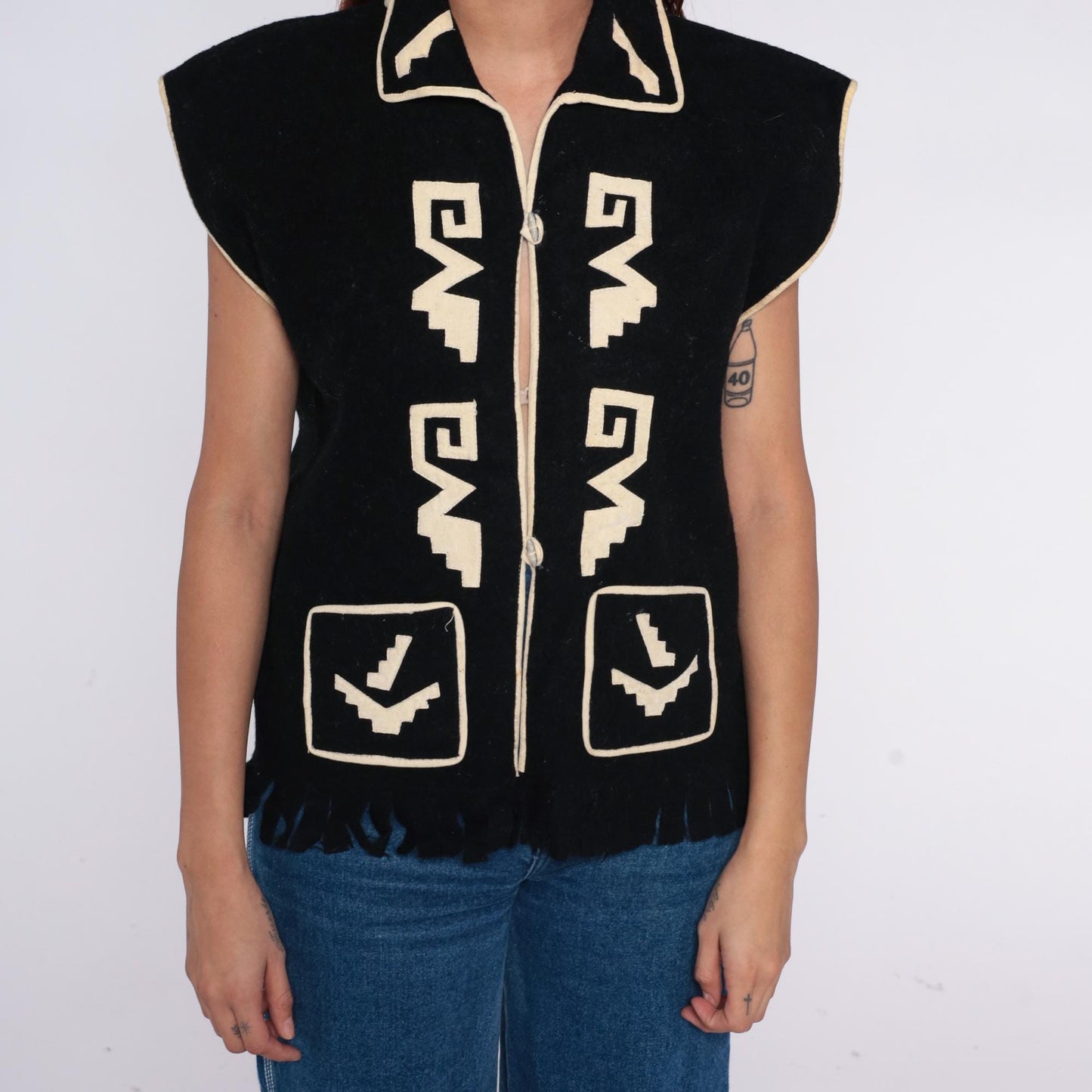 90s Black Southwestern Geometric Vest Collared Zip Front Medium M