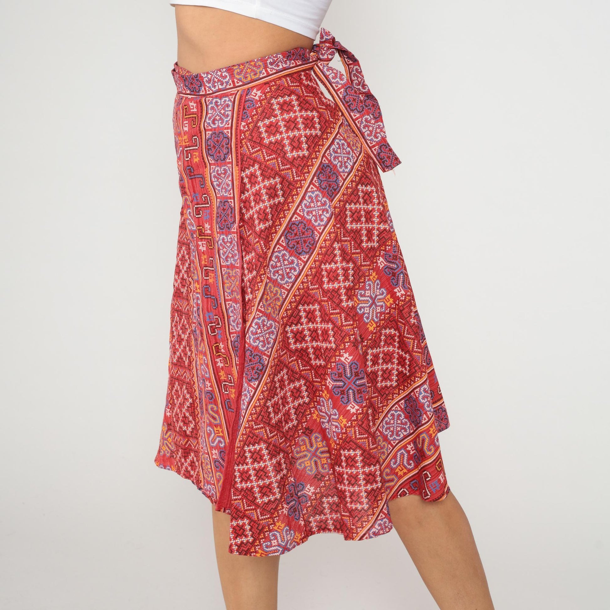 70s Paisley Wrap Skirt Coral Red Ethnic Geometric Print Knee Length Medium