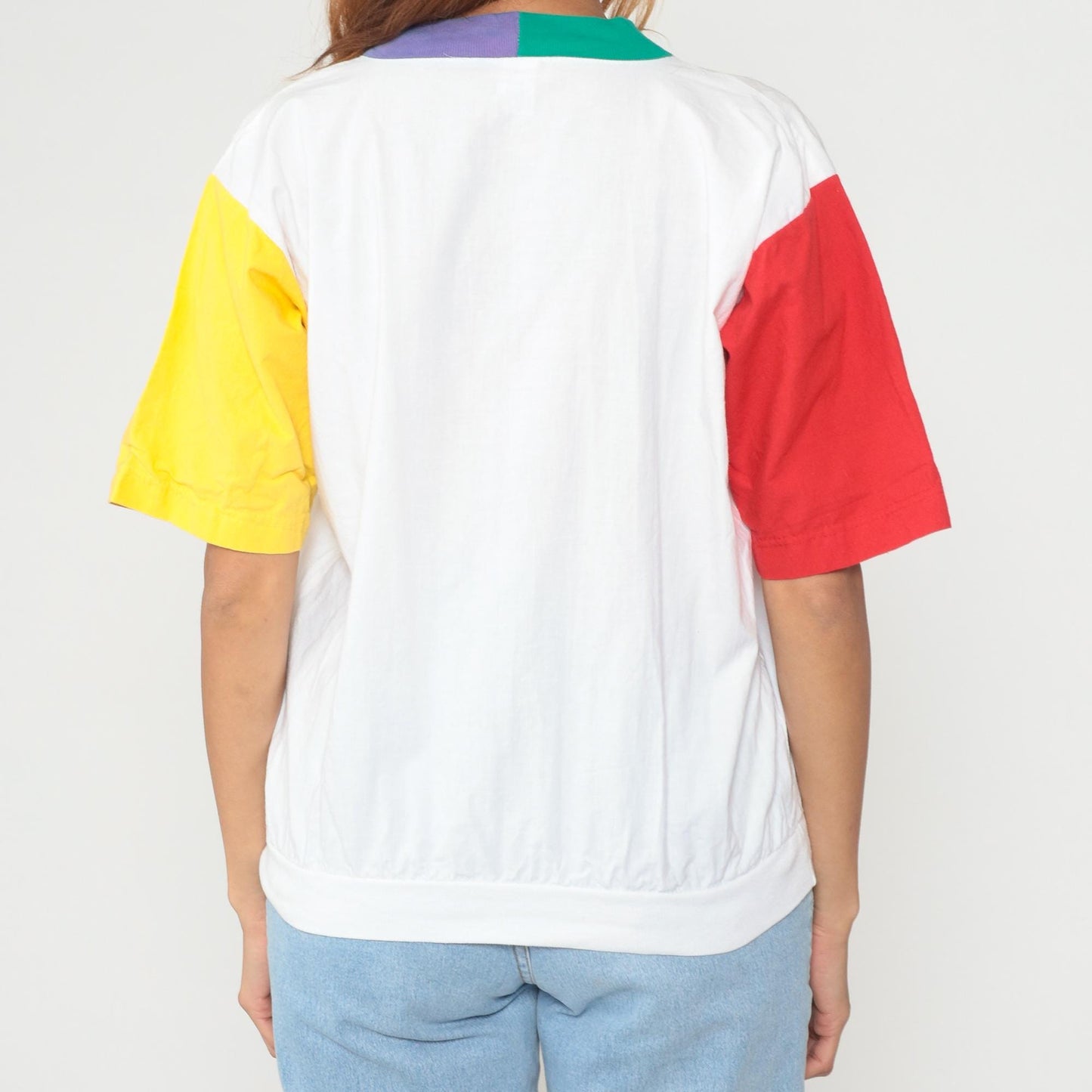 90s Colorblock Cotton V-Neck Shirt Yellow Red Purple Teal Medium M