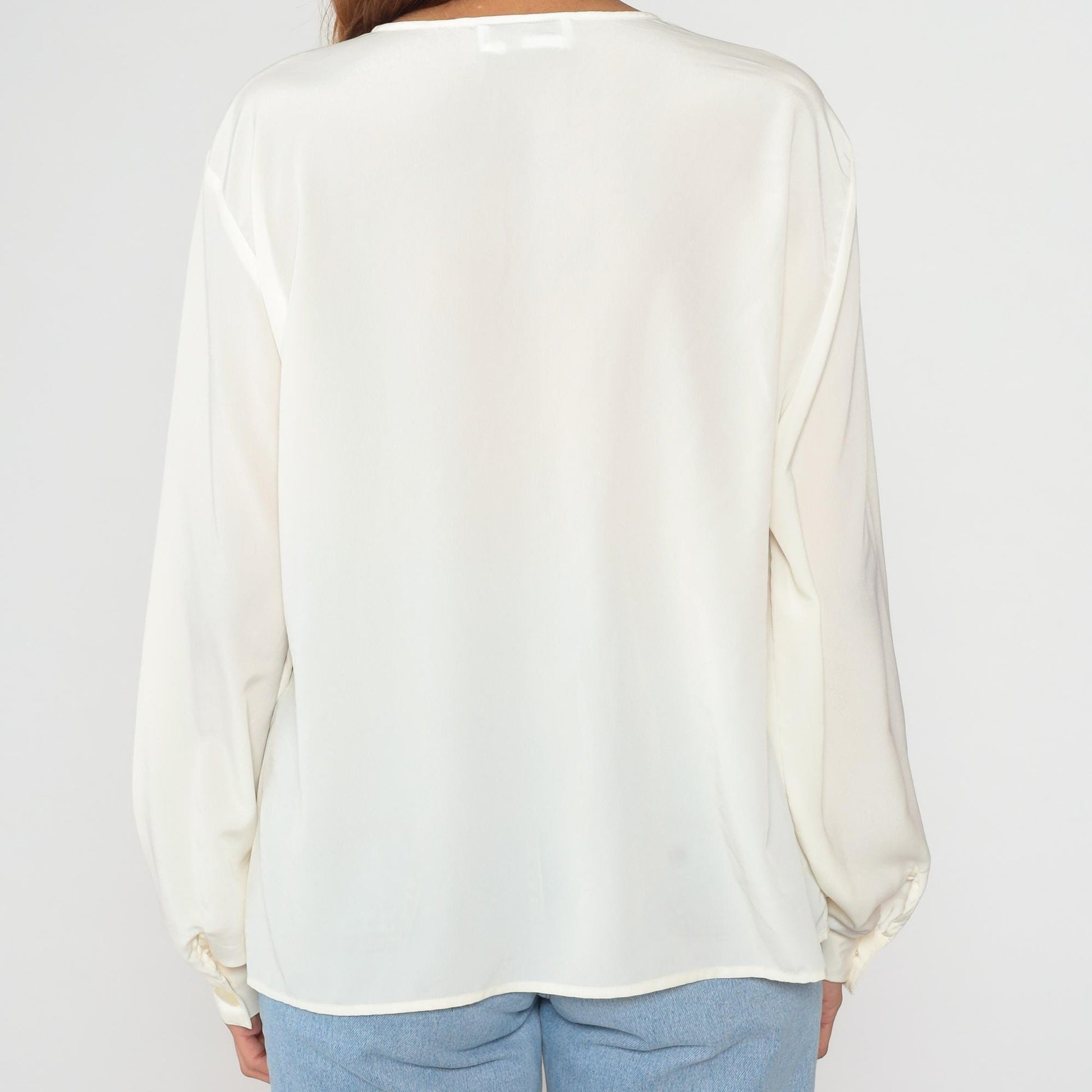 90s Worthington Cream Embroidered Blouse Long Sleeve Button Front Large L