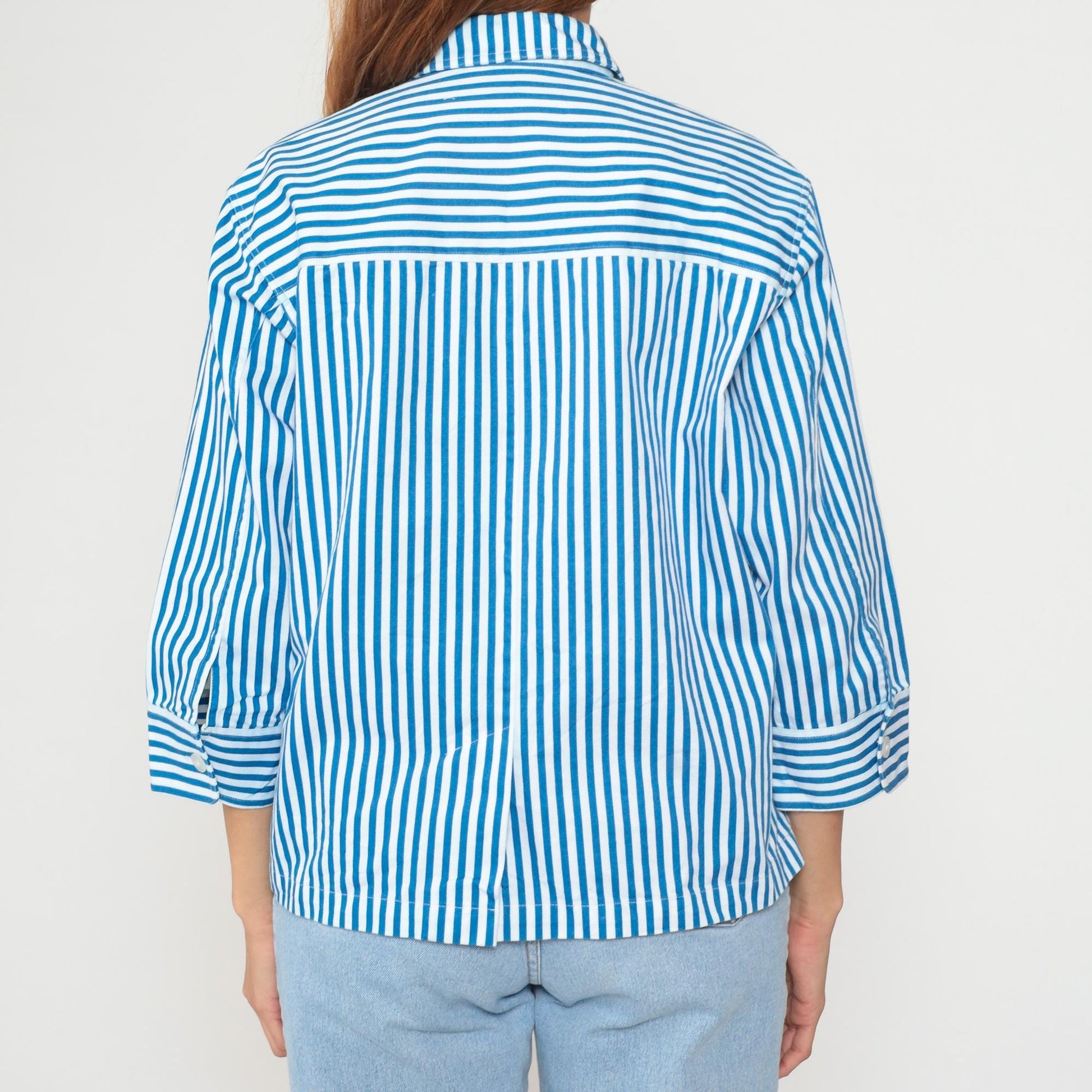 Y2K Norm Thompson Blue White Striped Cotton Blouse Cropped Large L