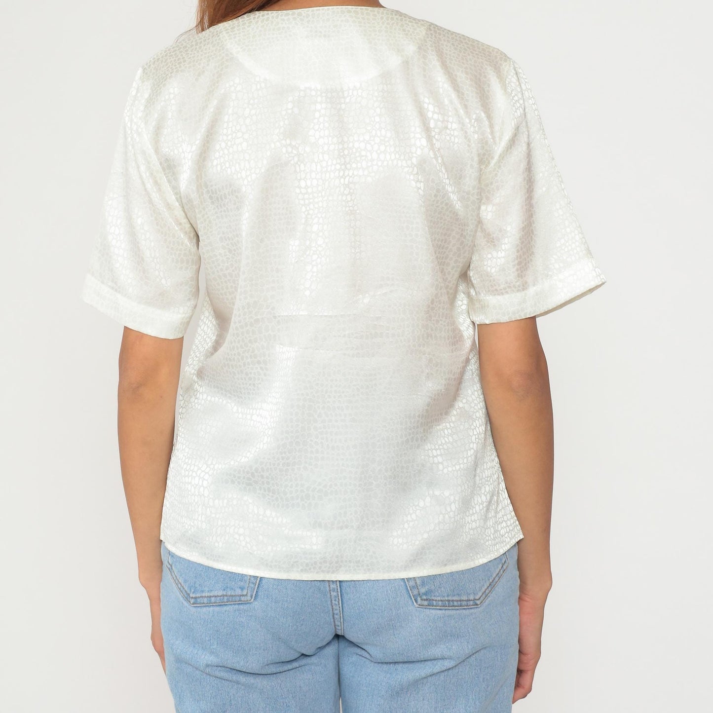 90s Tess Alligator Print Button-Up Blouse Cream Short Sleeve Medium M