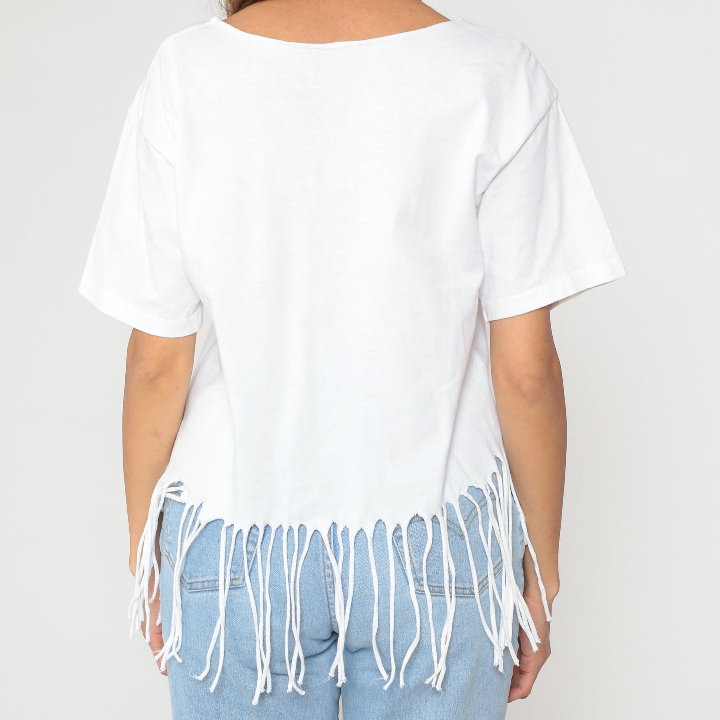 90s Cat Graphic T-Shirt White Fringe Hem Stress Slogan Tee Small