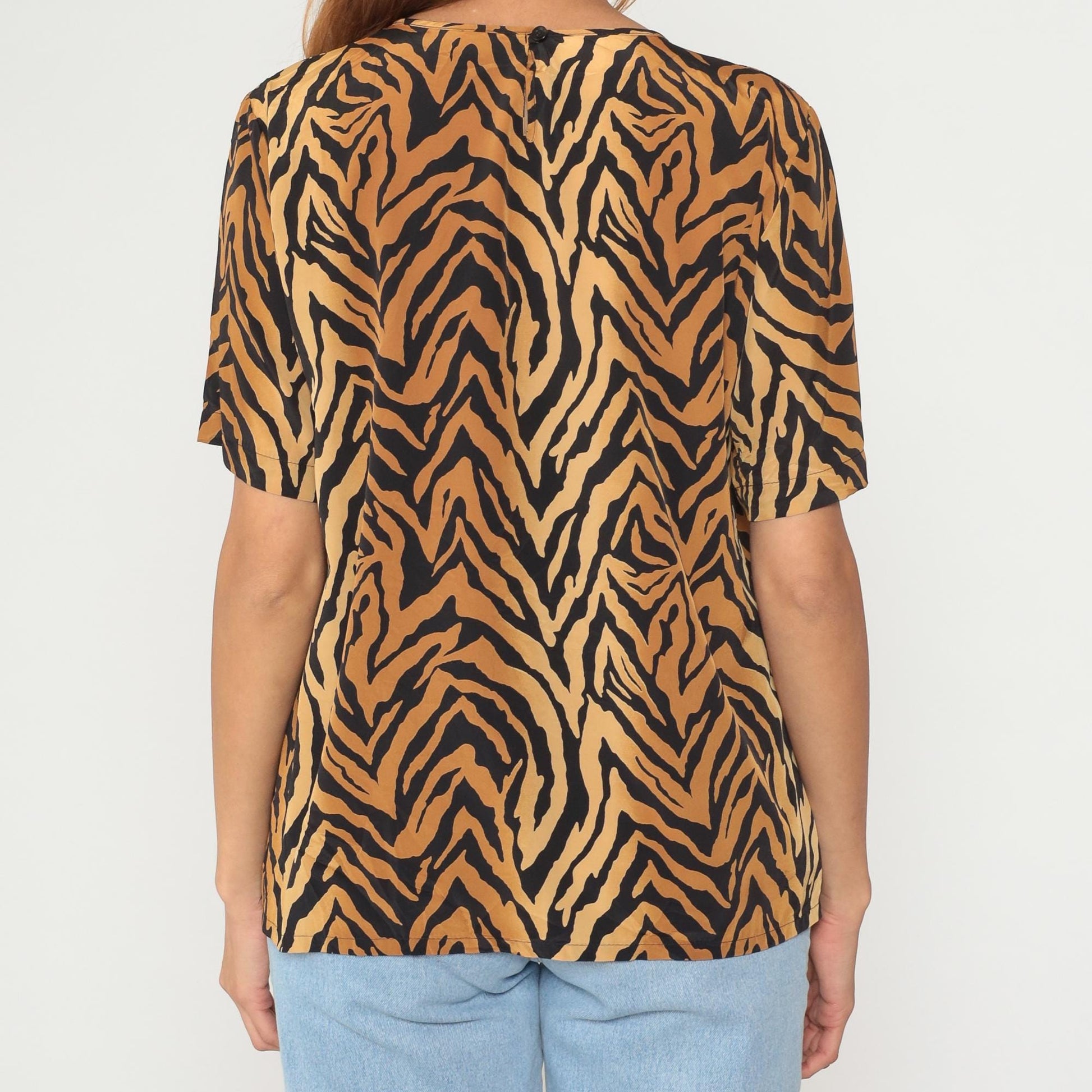 90s Kathie Lee Tiger Stripe Blouse Tan Black Short Sleeve Medium M