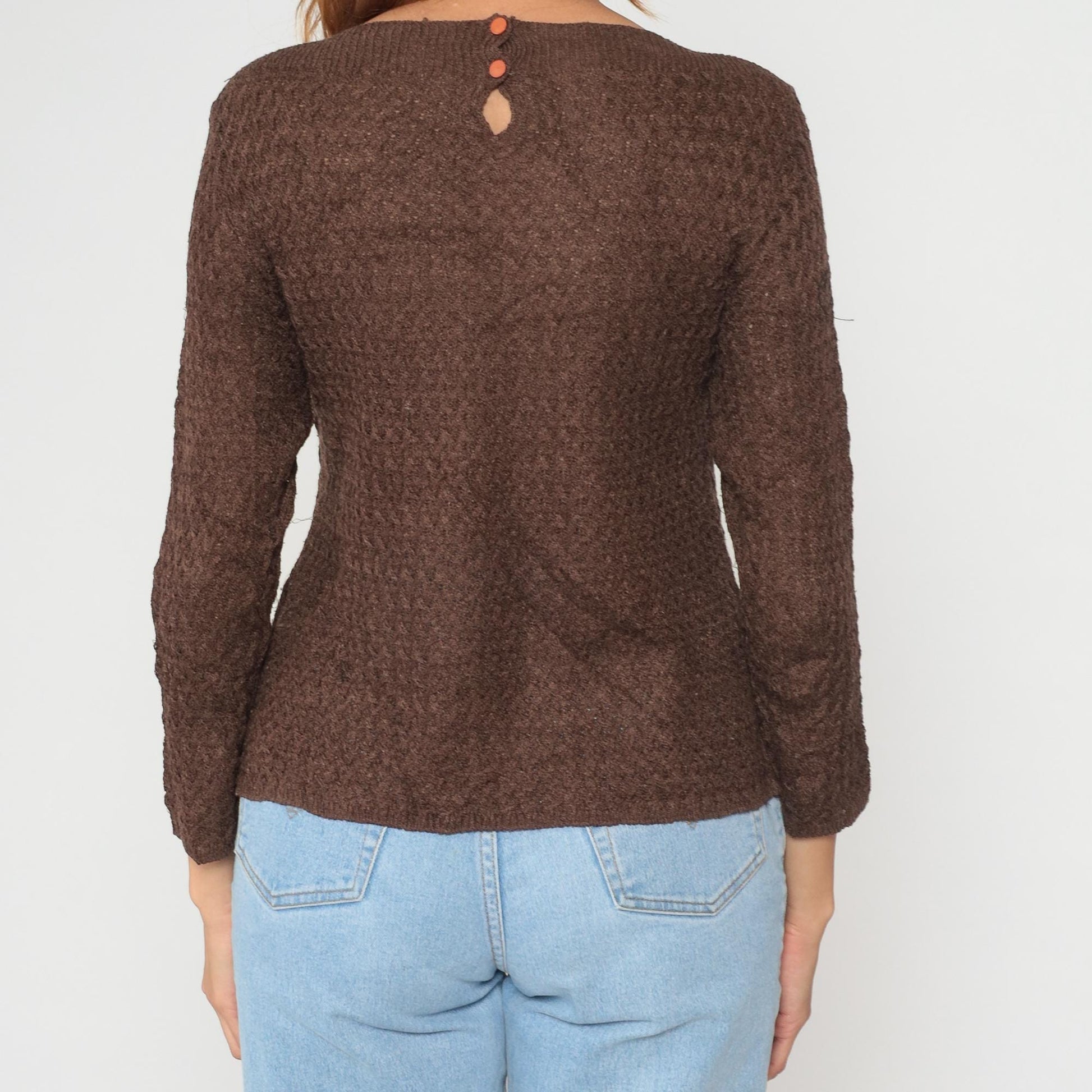 90s Brown Knit Sweater Boat Neck Coral Button Pullover Medium M
