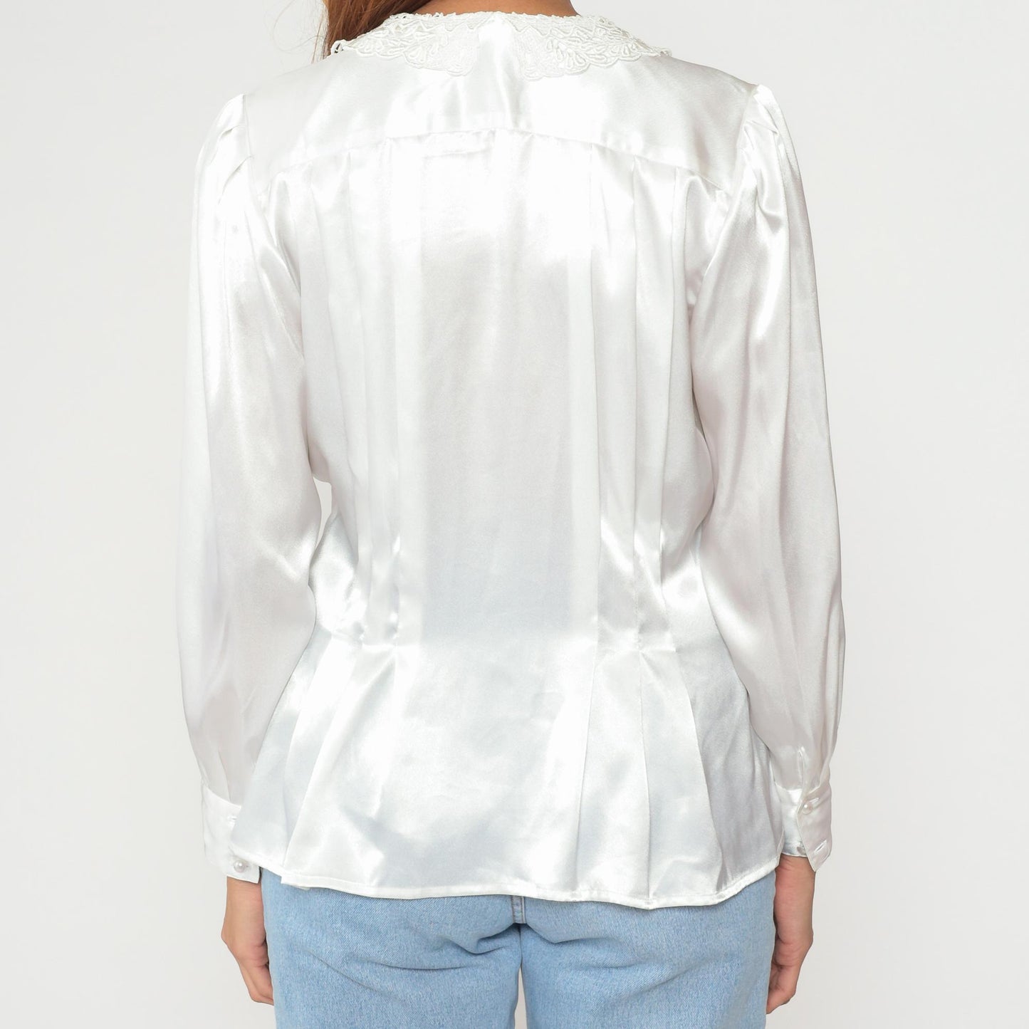 90s White Satin Blouse Lace Collar Puff Shoulders Pearl Buttons Small
