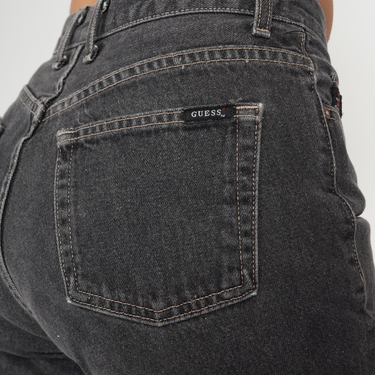 90s Guess Black Straight Leg Jeans High Waist Denim Yellow Stitching Size 29