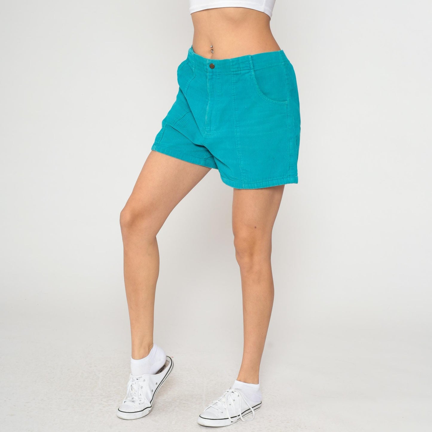 80s Turquoise Corduroy Shorts High Waisted Mini Elastic Waist Large