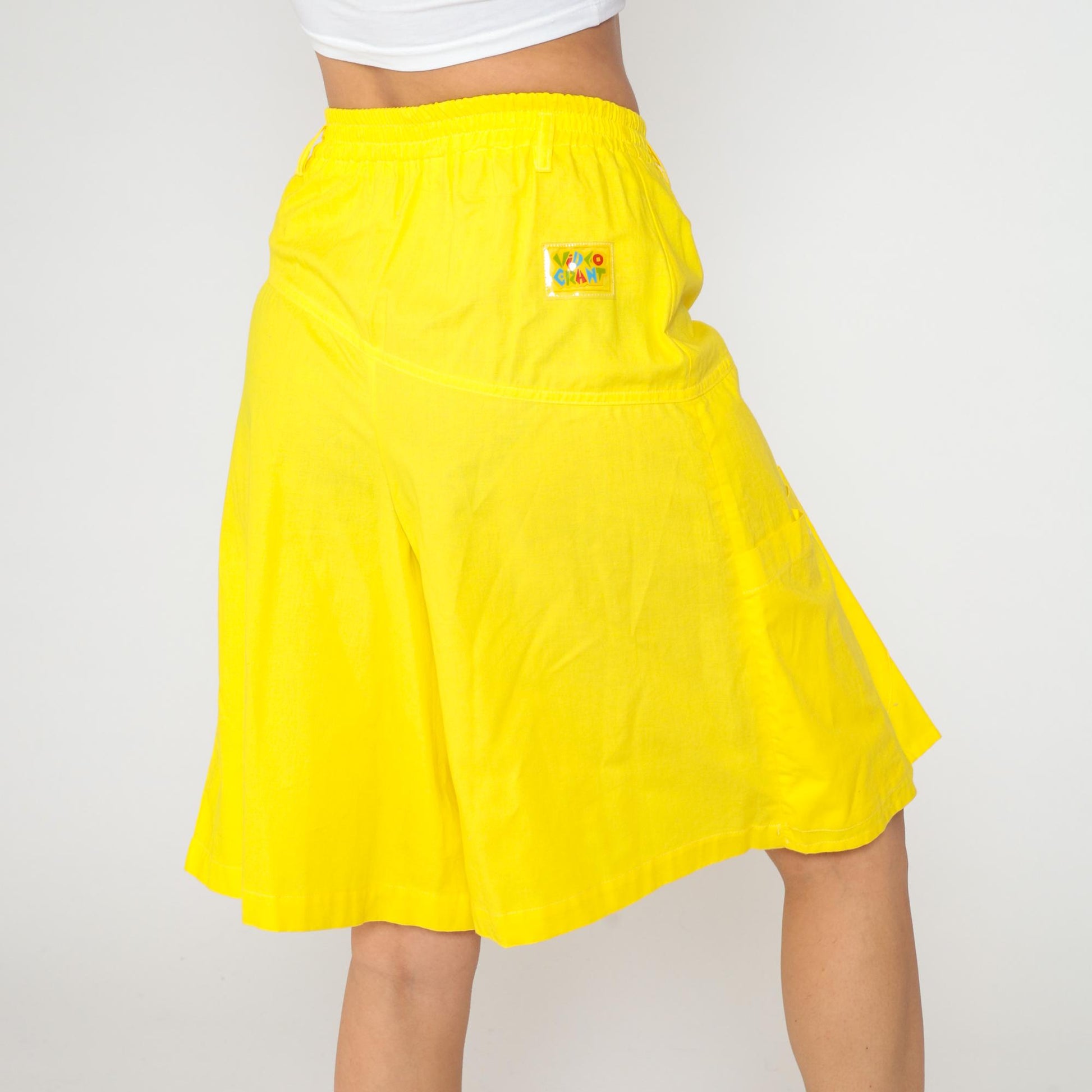 90s Video Grant Yellow Cotton Shorts High Waist A-Line Pockets Large L