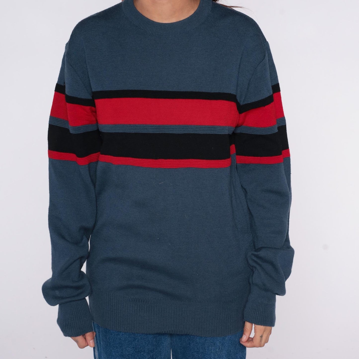 70s Meister Wool Sweater Striped Grey Red Black Crew Neck Extra Large XL