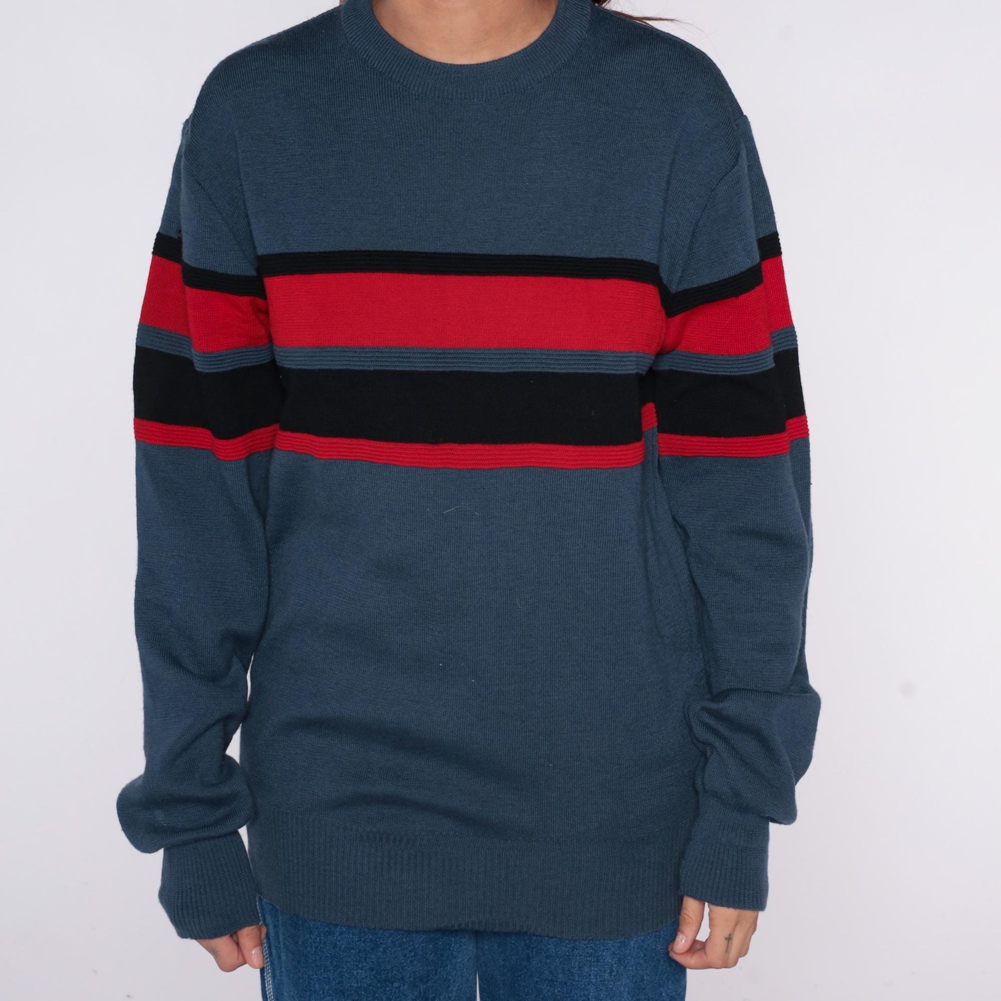 70s Meister Wool Sweater Striped Grey Red Black Crew Neck Extra Large XL
