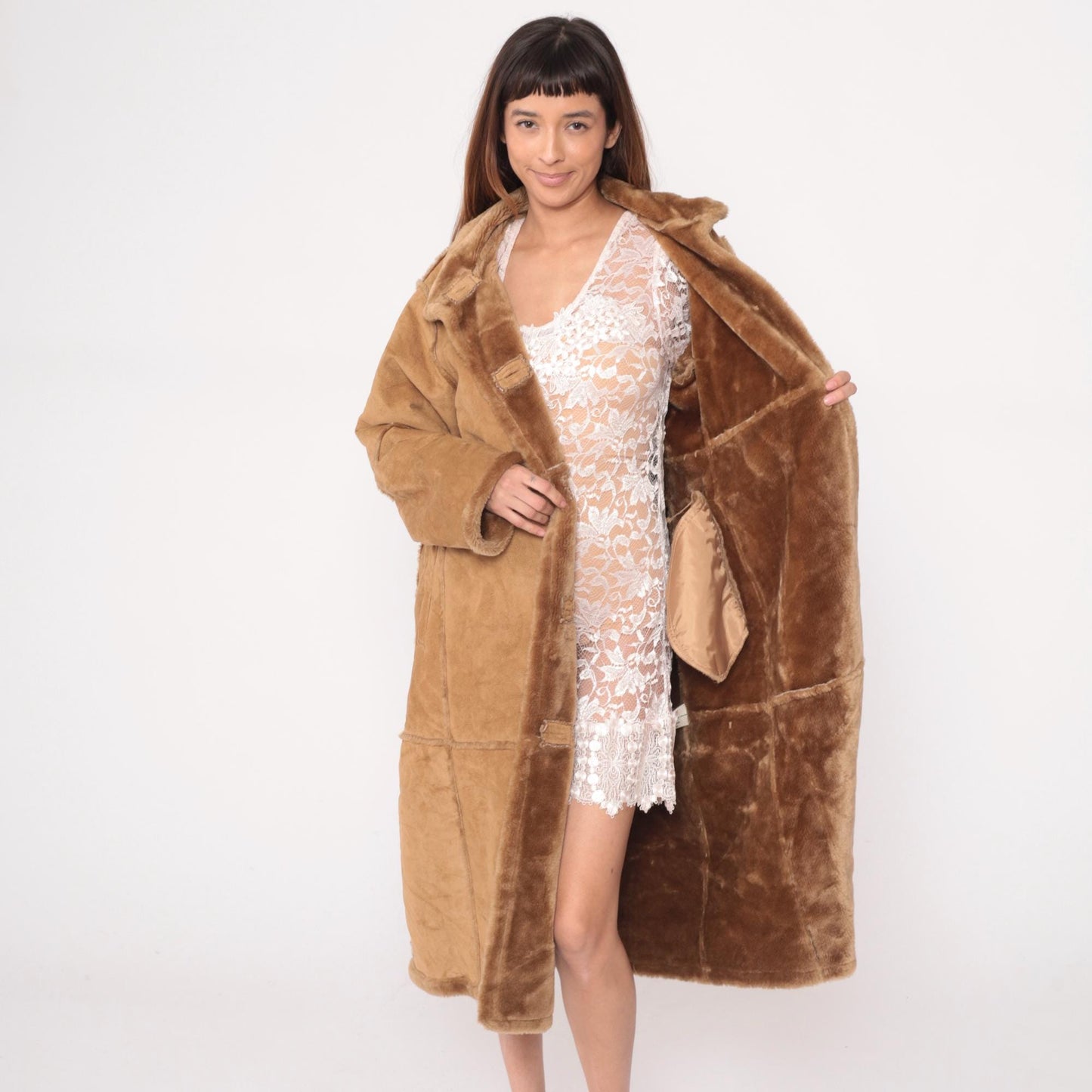 Y2K St Johns Bay Tan Faux Shearling Coat Fur-Trimmed Collar Petite Large