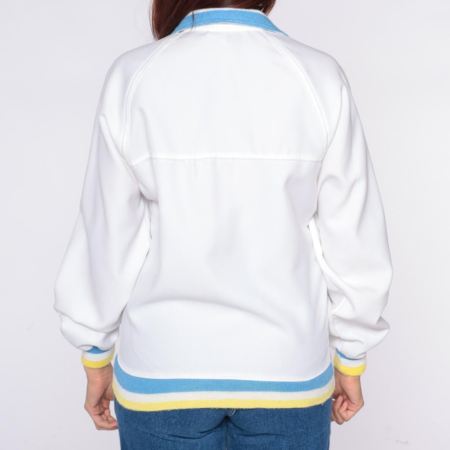 80s Sportsmaster Track Jacket White Windbreaker Blue Yellow Stripe Small