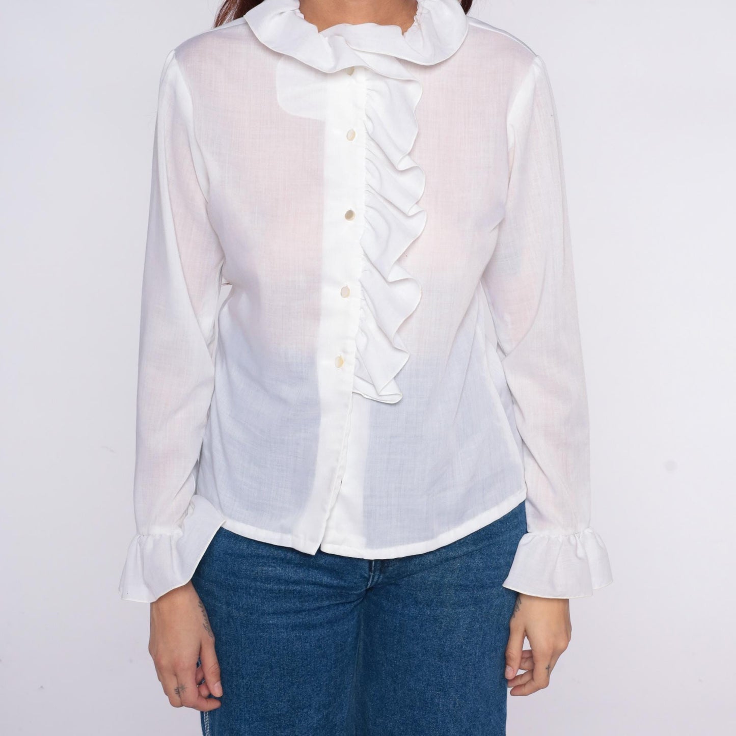 70s Fritzi White Ruffled Collar Cotton Blouse Medium M