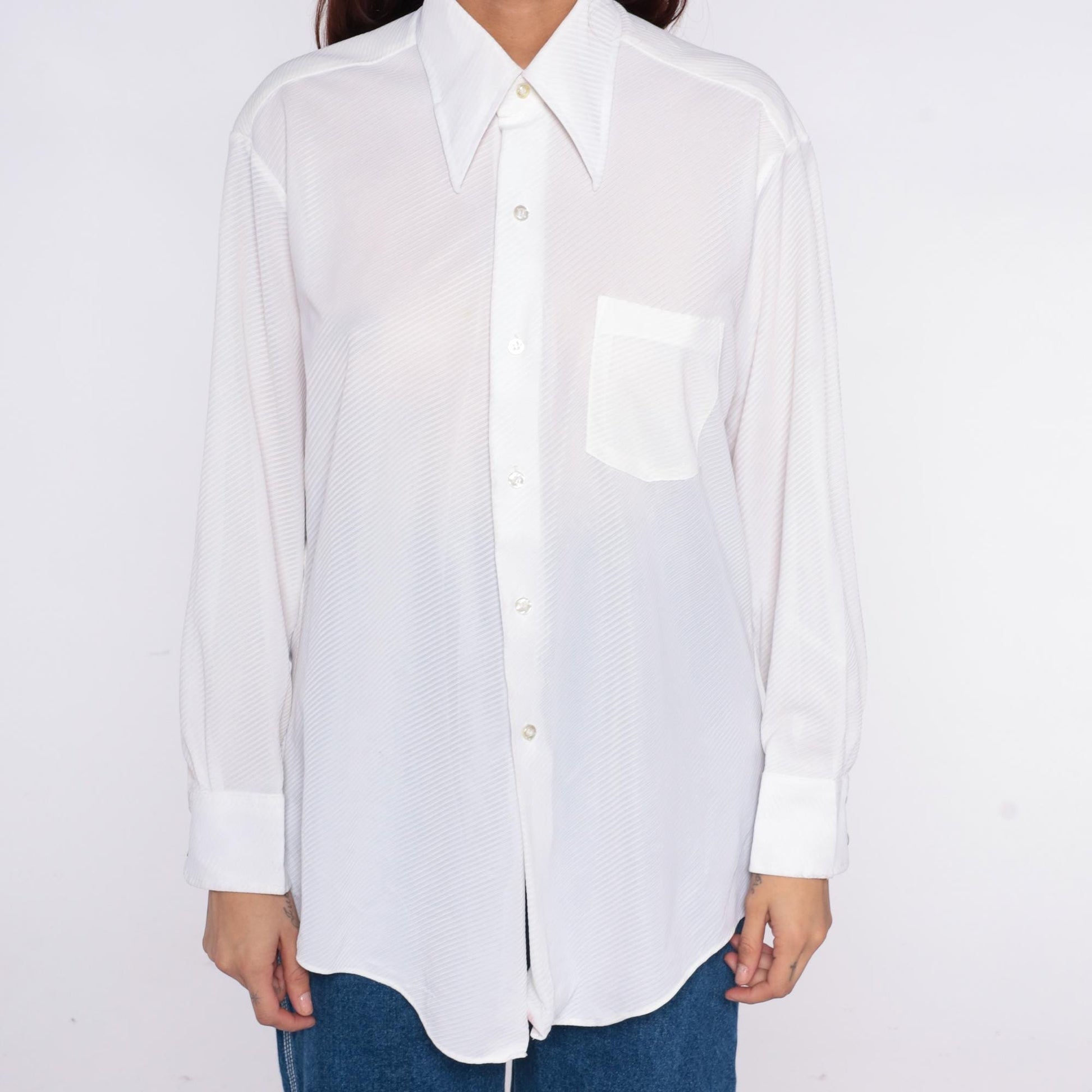 70s Montgomery Ward White Button-Up Shirt Diagonal Ribbed Long Sleeve Large