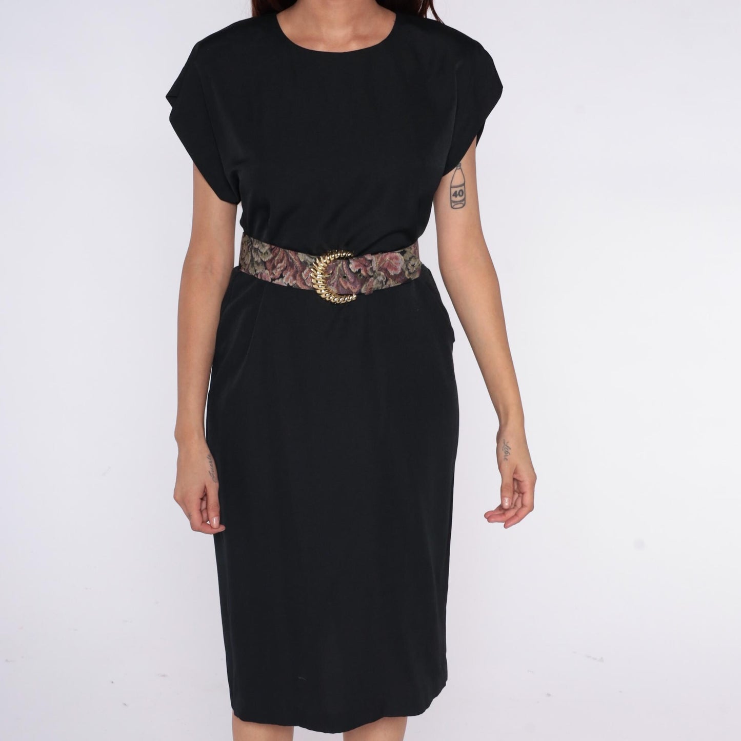 90s Black Midi Dress Crew Neck Cap Sleeve Shift Belted Medium