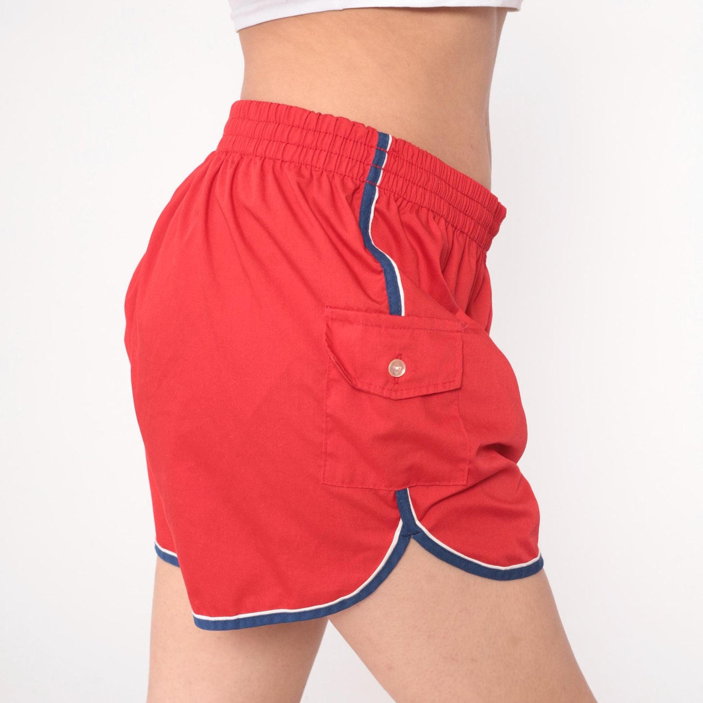 80s Red Jogging Shorts Navy Striped Trim Elastic Waistband Extra Large