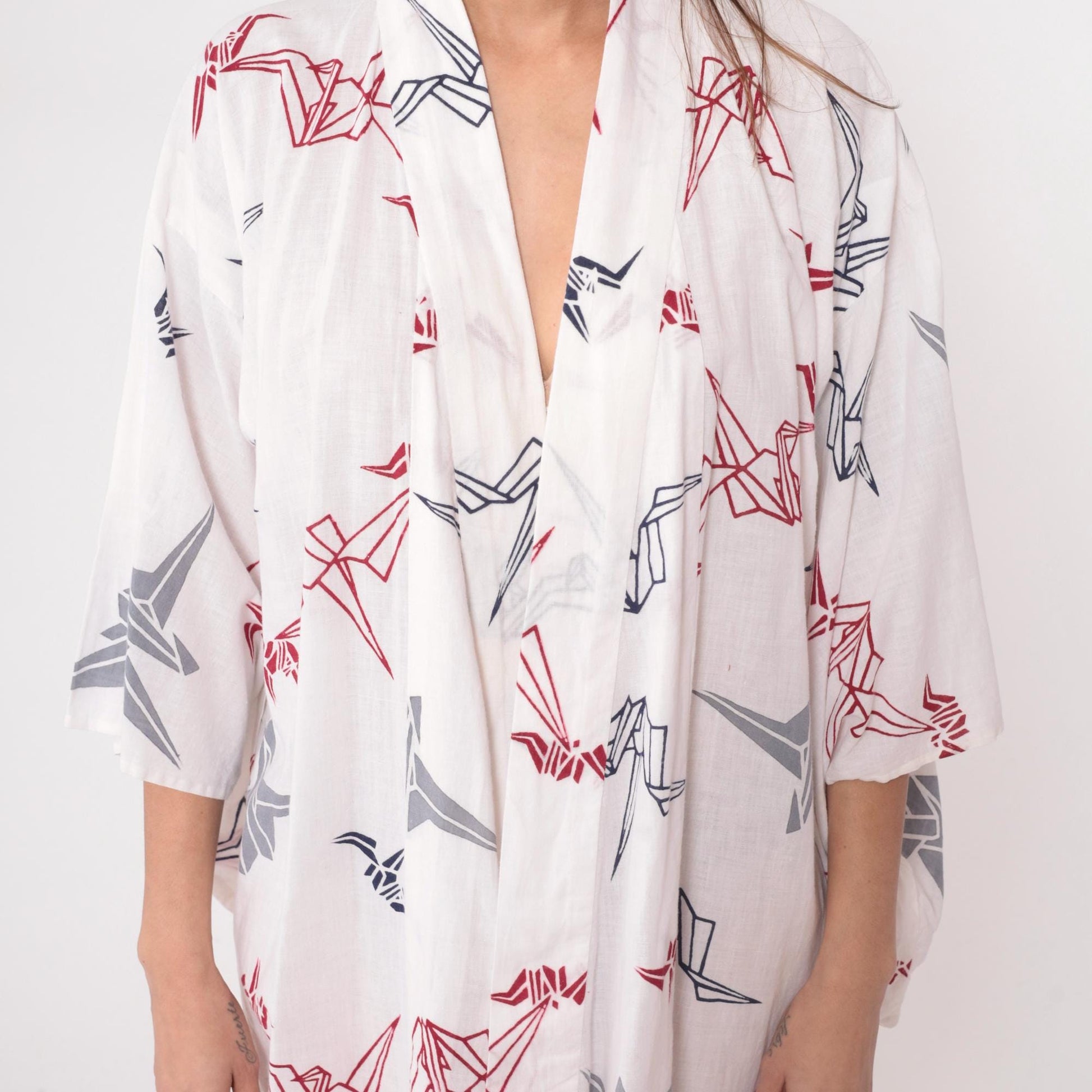 80s White Origami Crane Kimono Robe Maxi Cotton Duster Collared Large