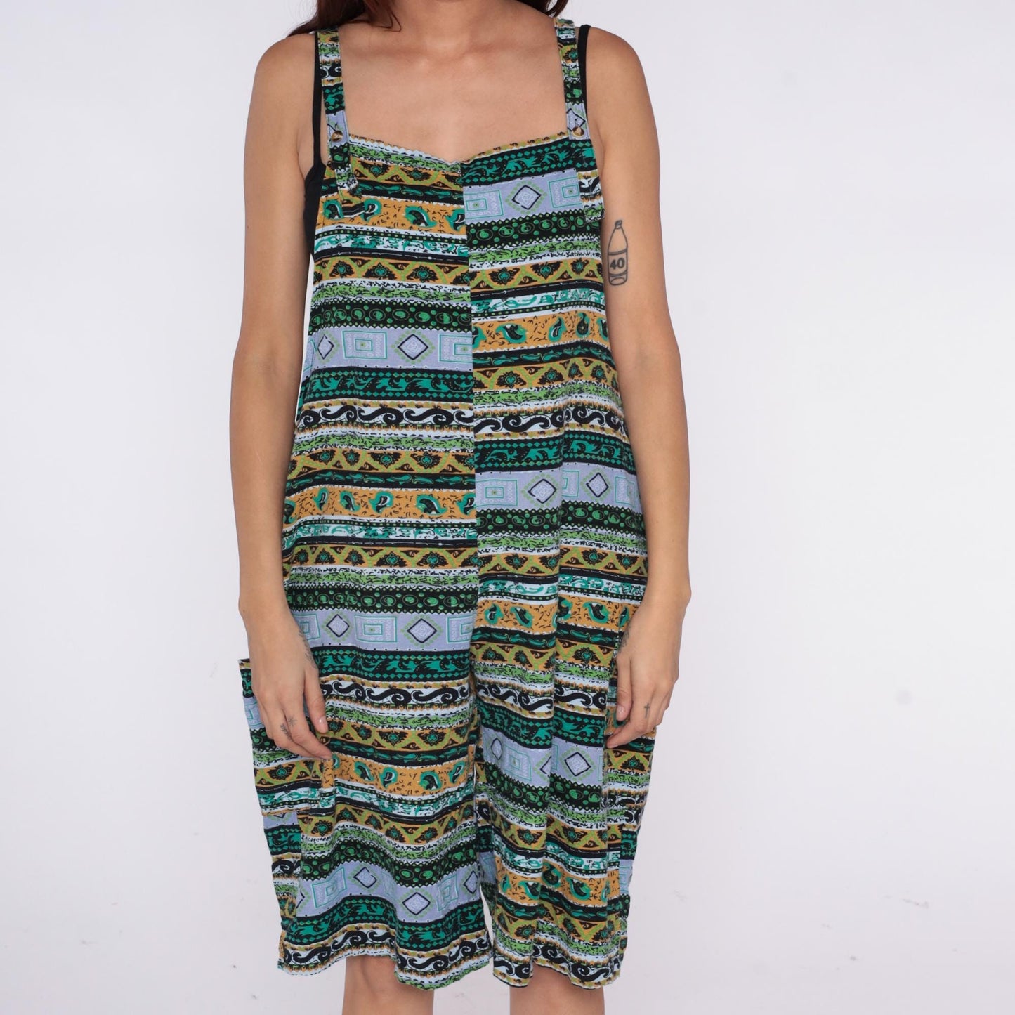 Y2K Striped Sleeveless Romper Geometric Print Teal Orange Mustard Medium
