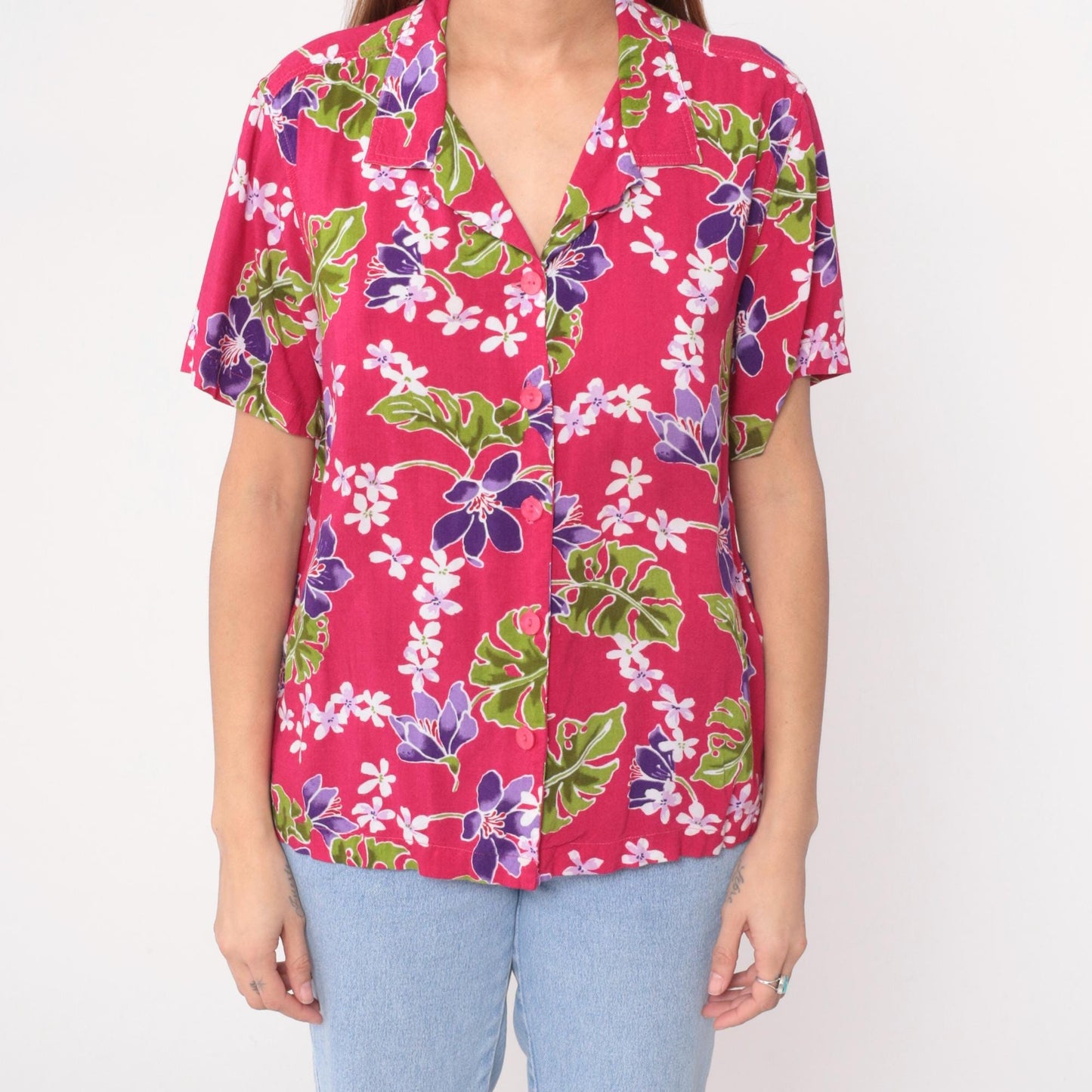 90s Basic Editions Hawaiian Shirt Fuchsia Floral Tropical Blouse Extra Large XL