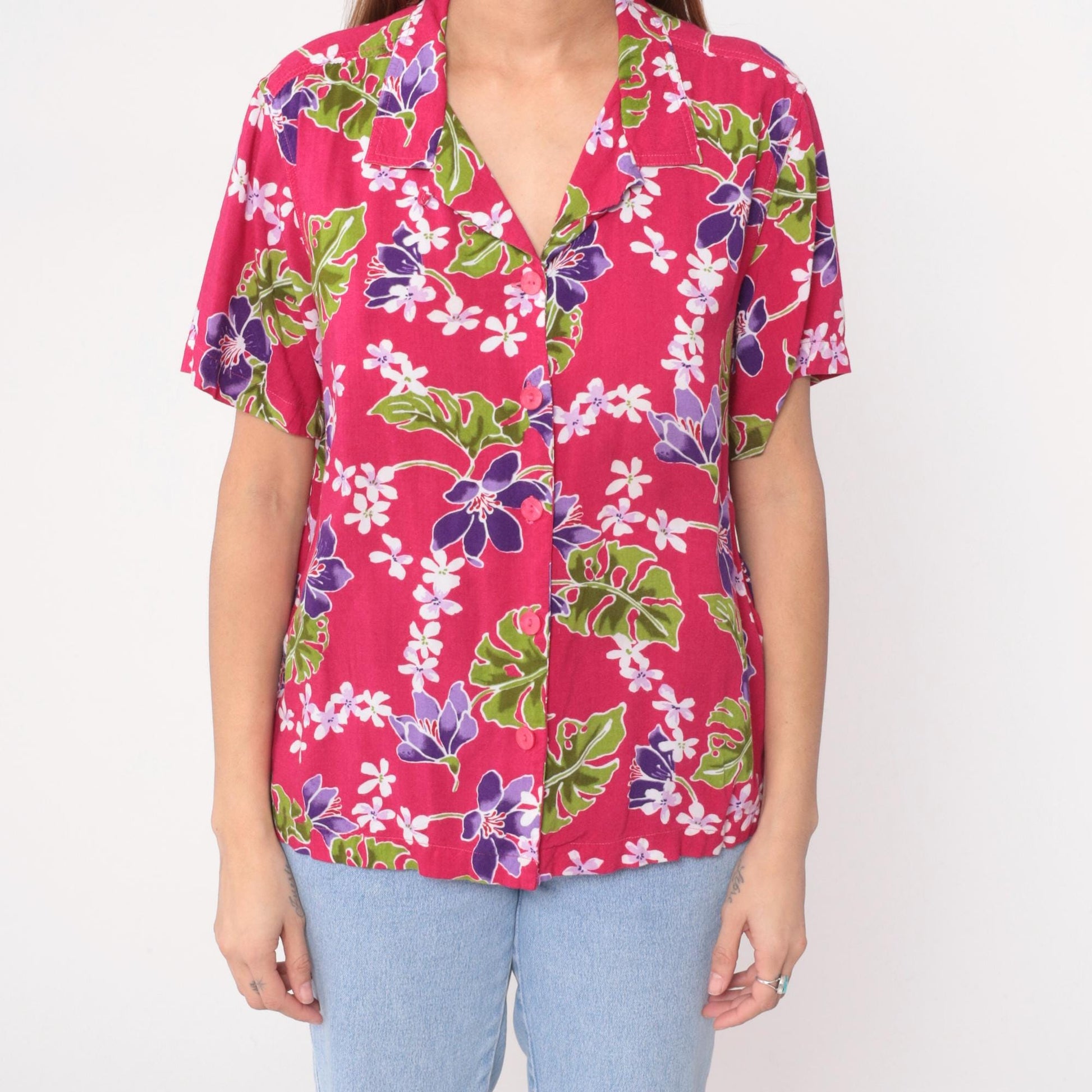 90s Basic Editions Hawaiian Shirt Fuchsia Floral Tropical Blouse Extra Large XL