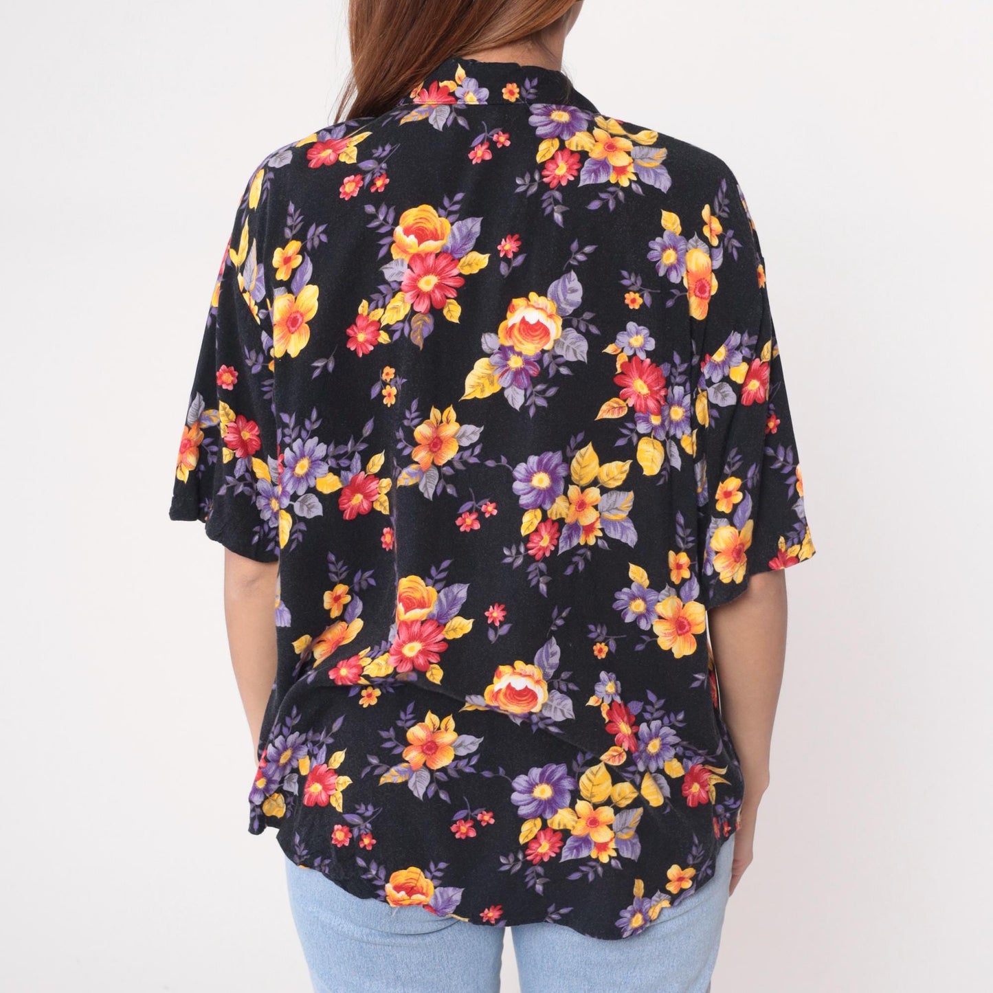 90s Black Floral Rayon Blouse Short Sleeve Button Up Medium M