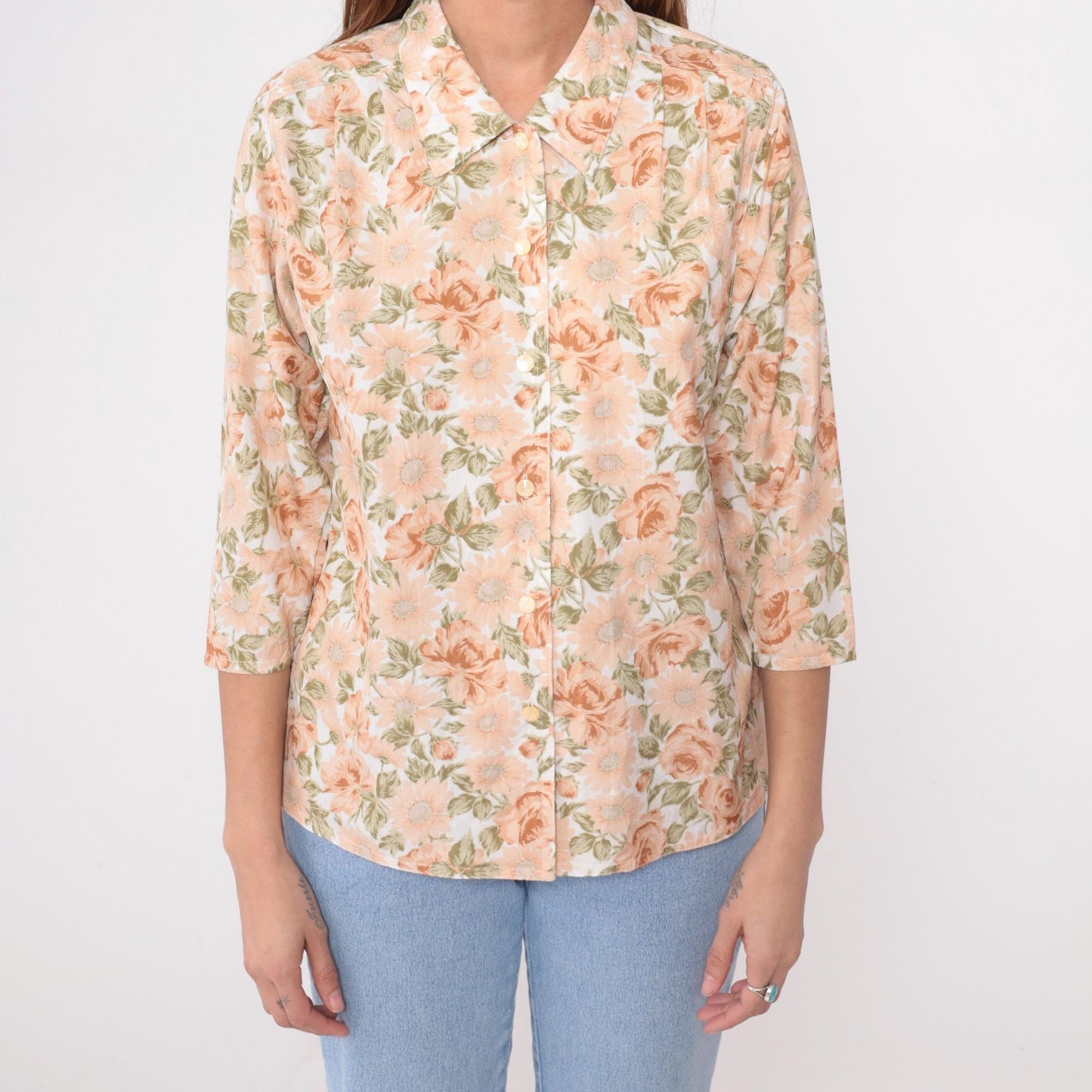 80s Floral Button-Front Blouse Peach Rose Print Cream Notched Collar Medium