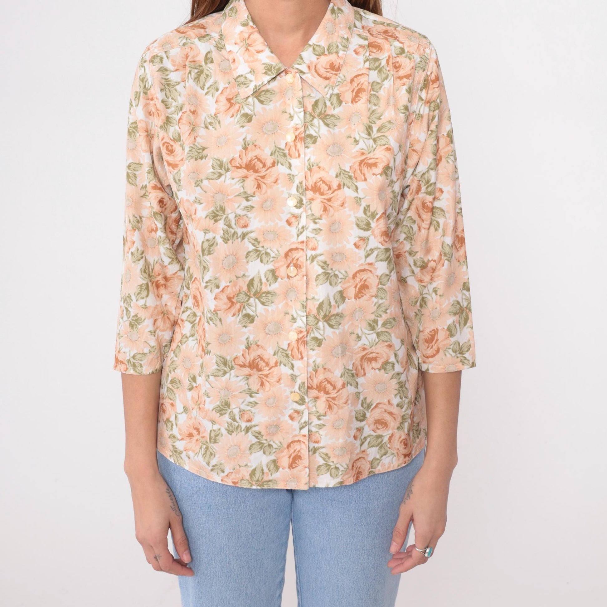 80s Floral Button-Front Blouse Peach Rose Print Cream Notched Collar Medium